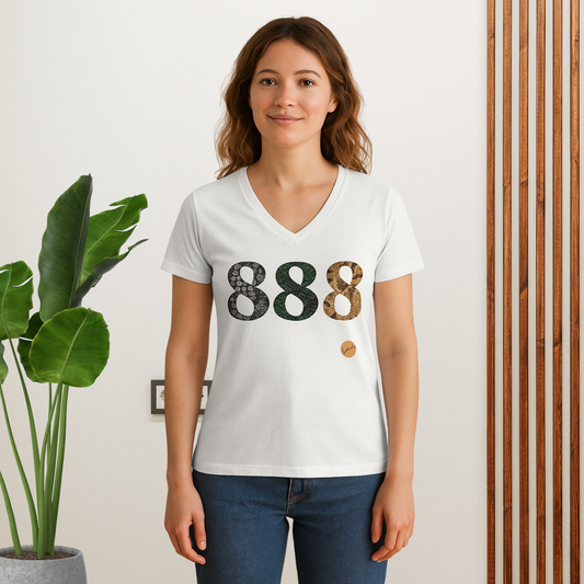 woman wearing a white T-shirt with the angel number 888