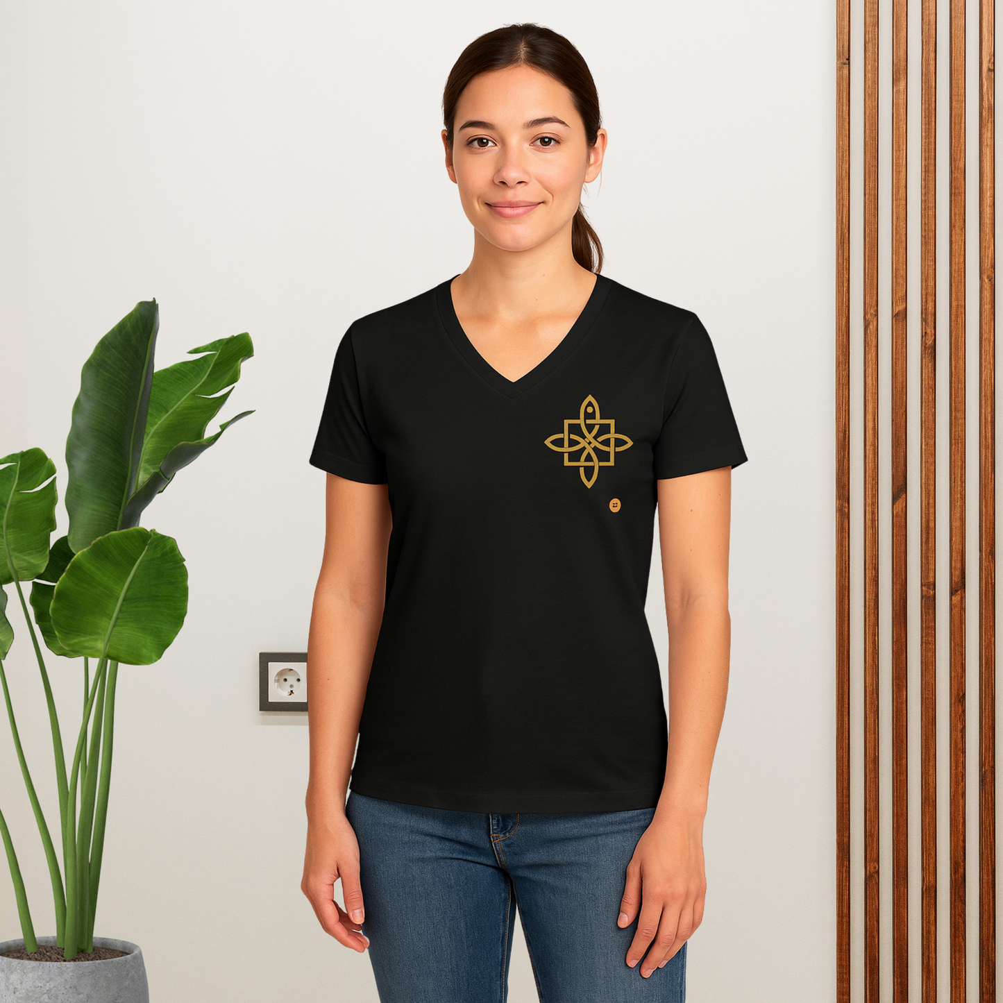 Sacred Geometry Celtic Cross T-Shirt – Gold Design Left Chest | Spiritual Unisex V-Neck