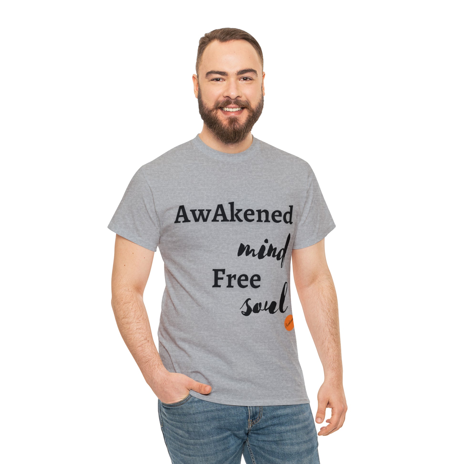 Man with a T-shirt with print Awaken mind free soul.
