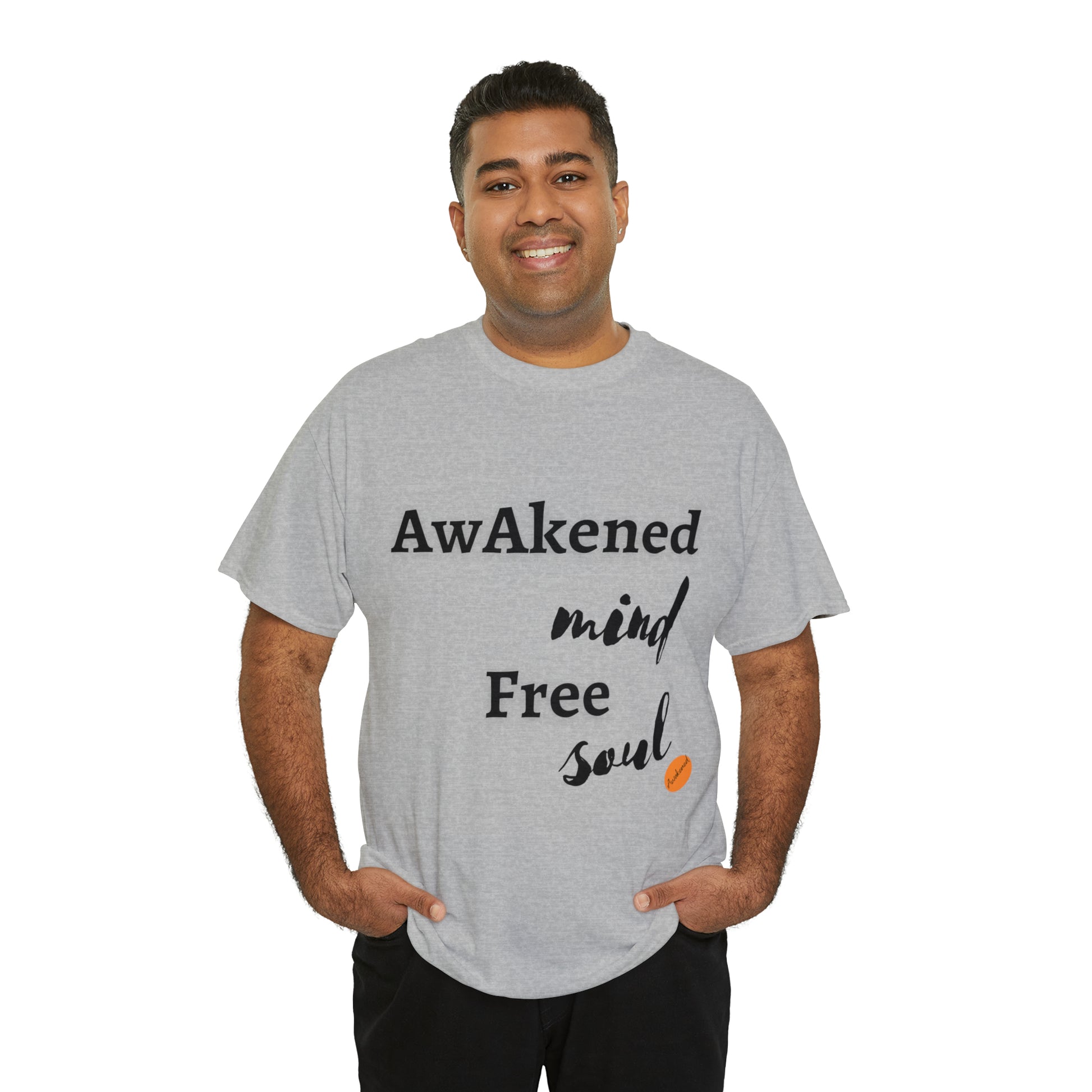 man with a grey T-shirt with a print Awakened mind free soul