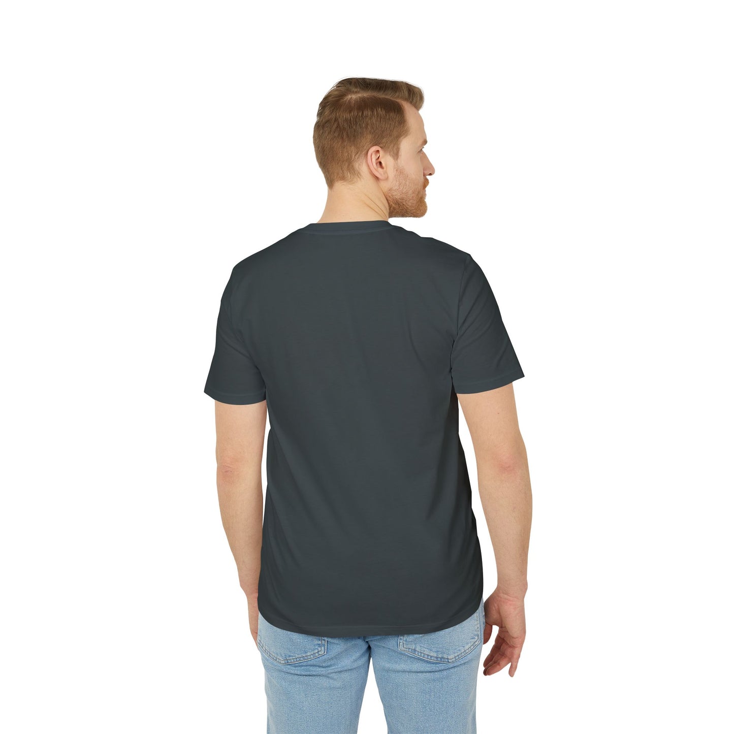 back side of a man wearing a triskelion t-shirt