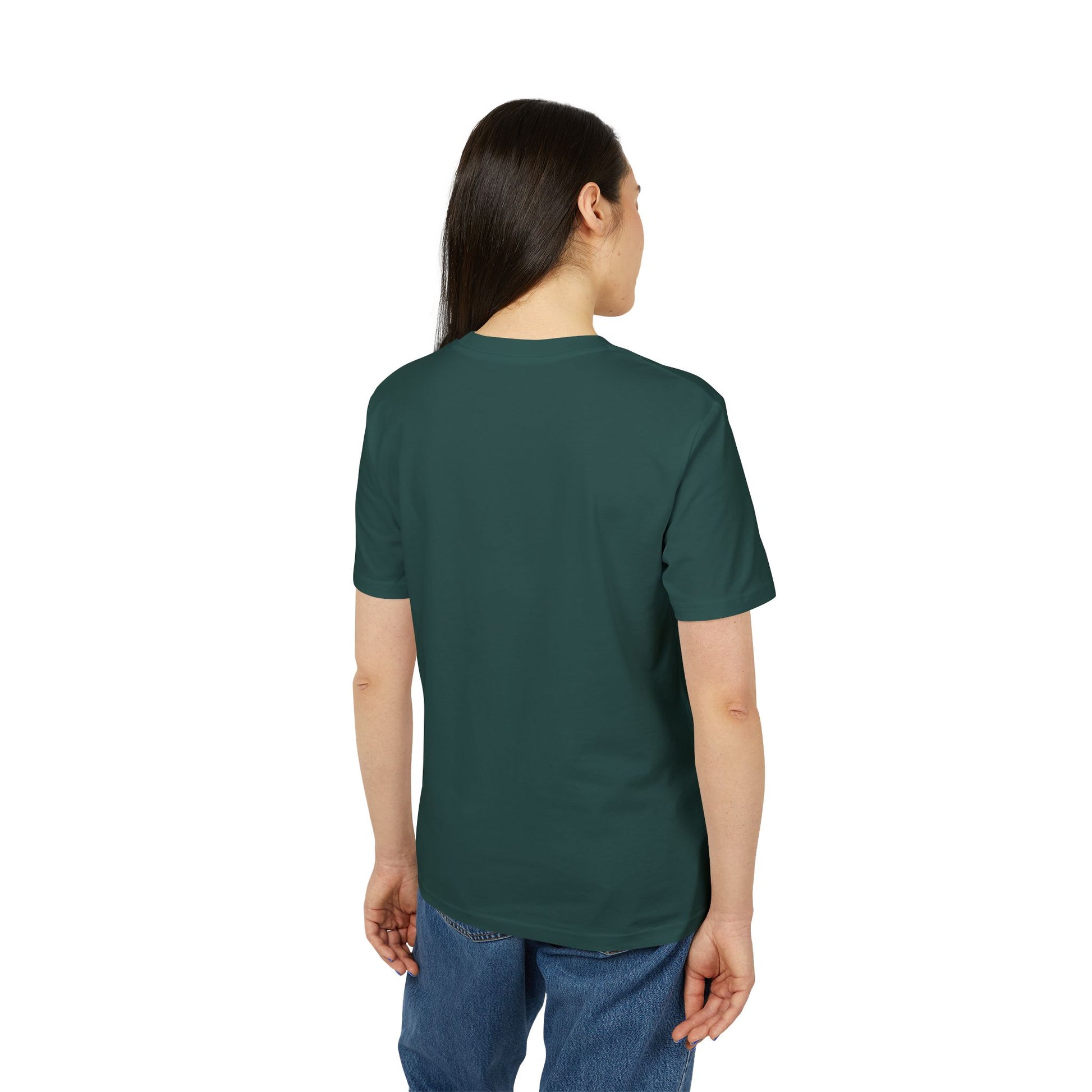 back side of a green t-shirt with triskelion symbol