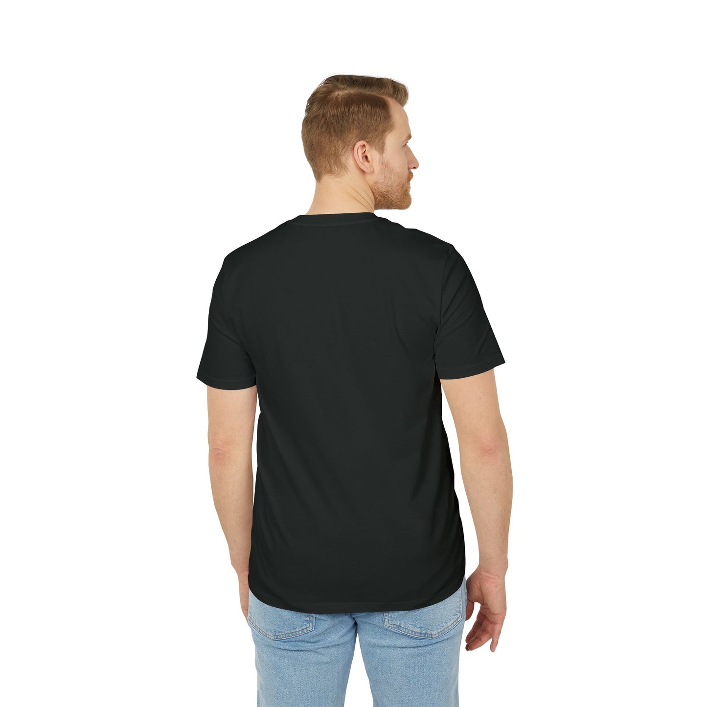 back side of a man wearing a black t-shirt