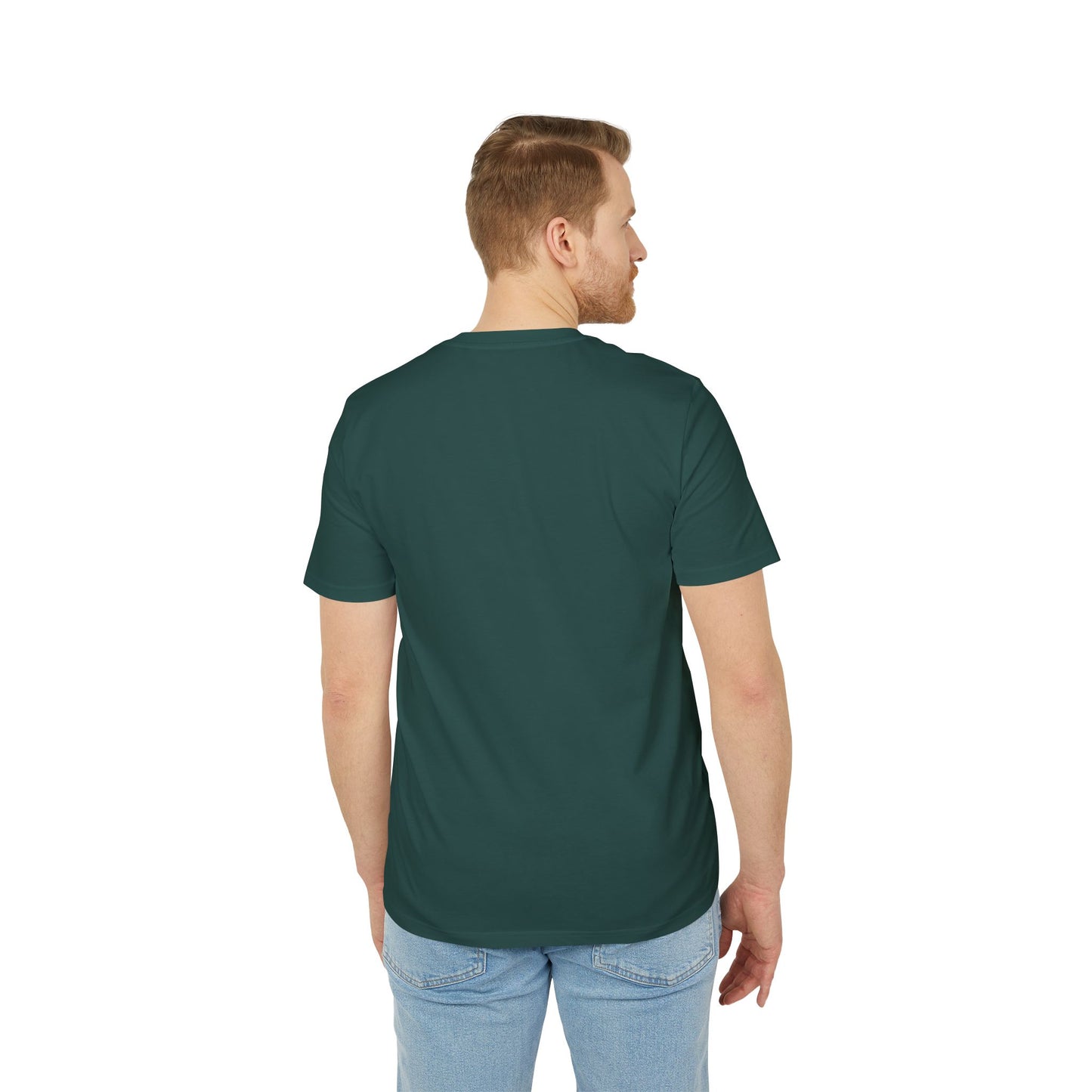 back side of a green t-shirt with no print. It has triskelion symbol on the front