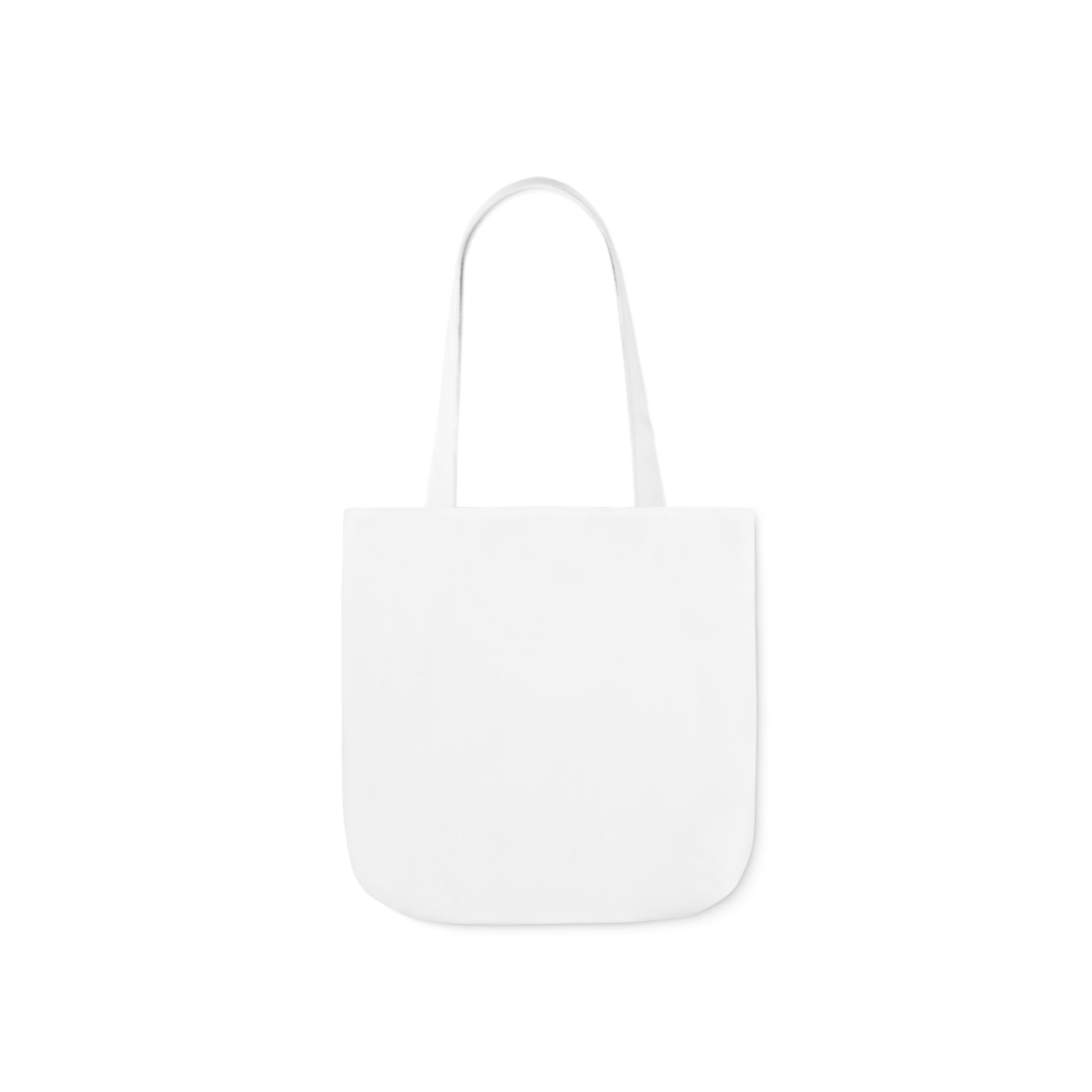 back side of a white bag with no print. On the front it has a print of Alice in Wonderland