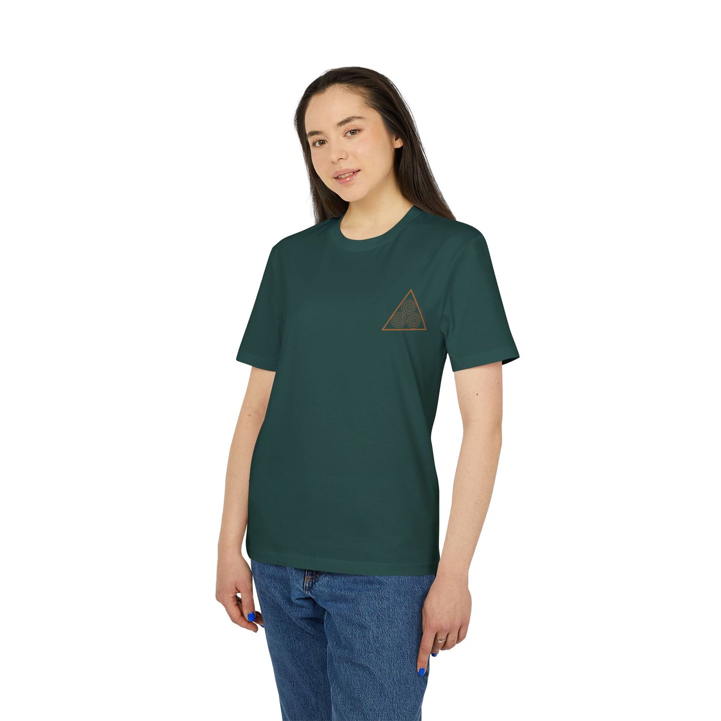 green t-shirt with triskelion symbol