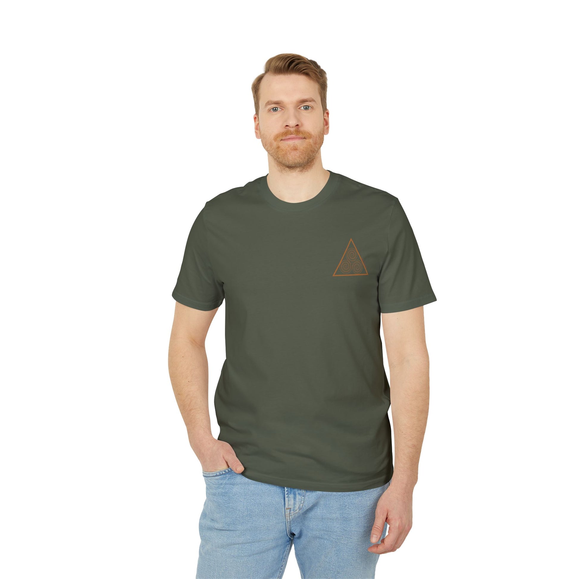 green t-shirt with triskelion
