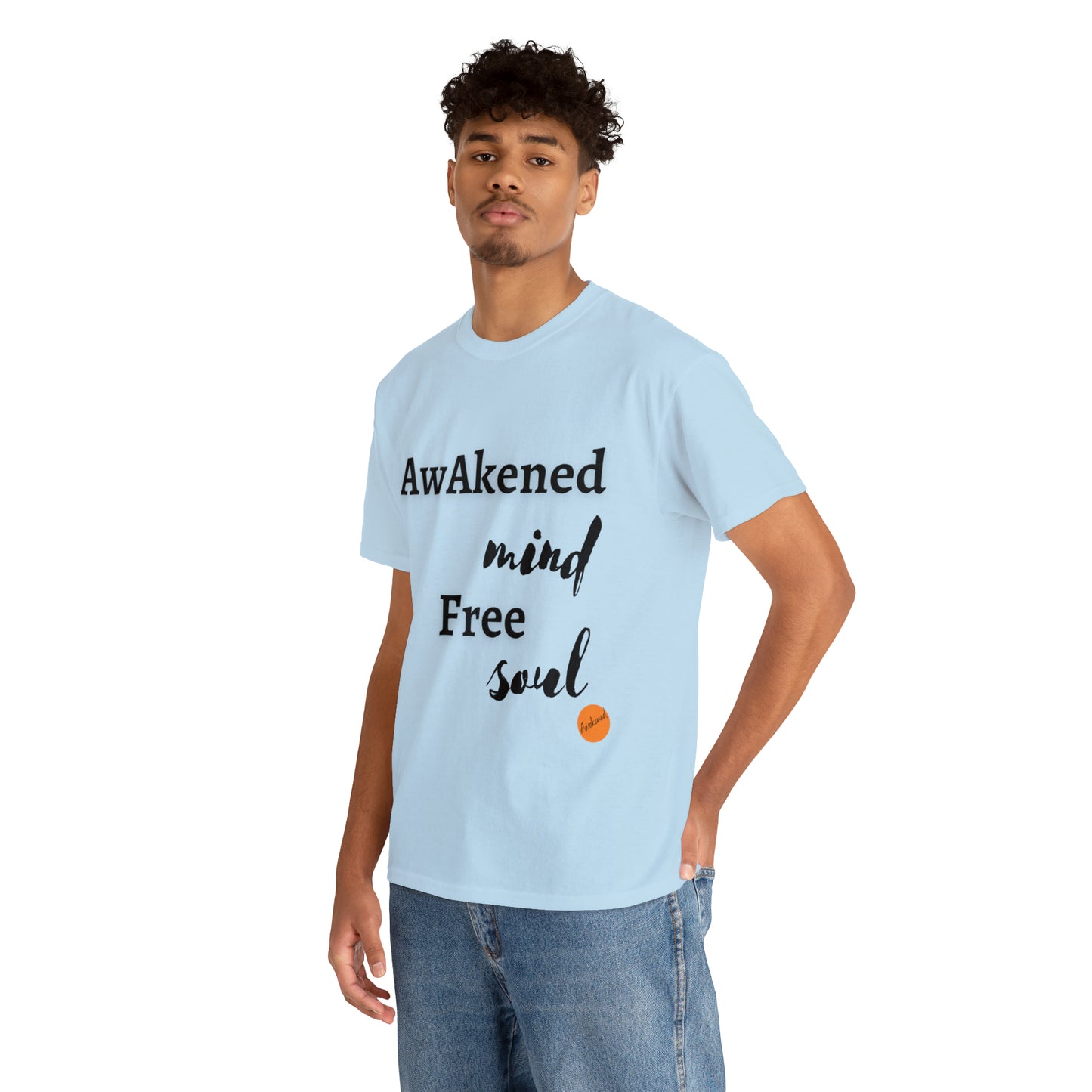 Man with light blue T-shirt awakened mind