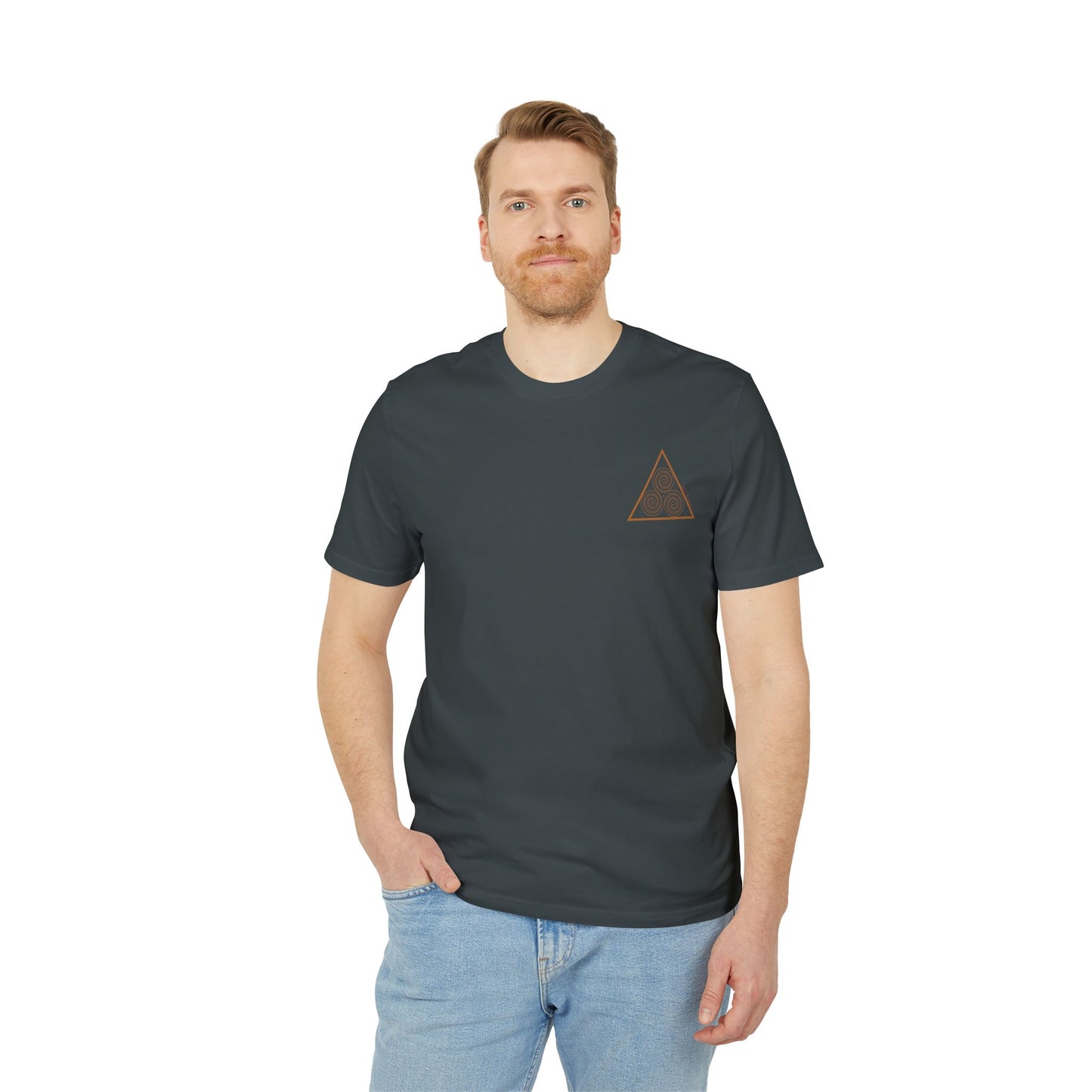 man in a triskelion t-shirt