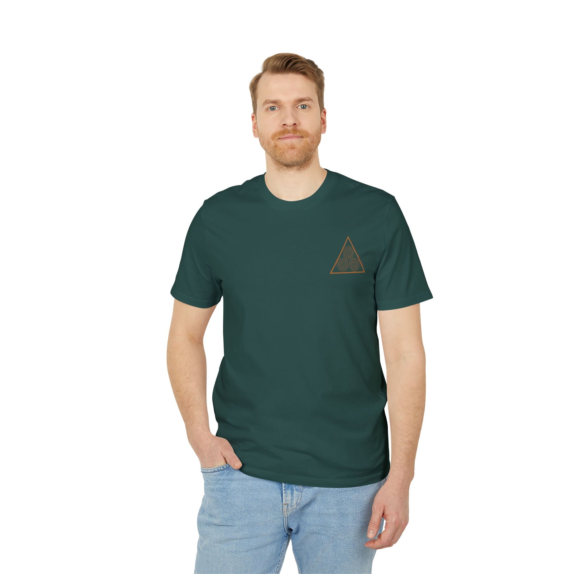 man t-shirt with sacred geometry triskelion symbol