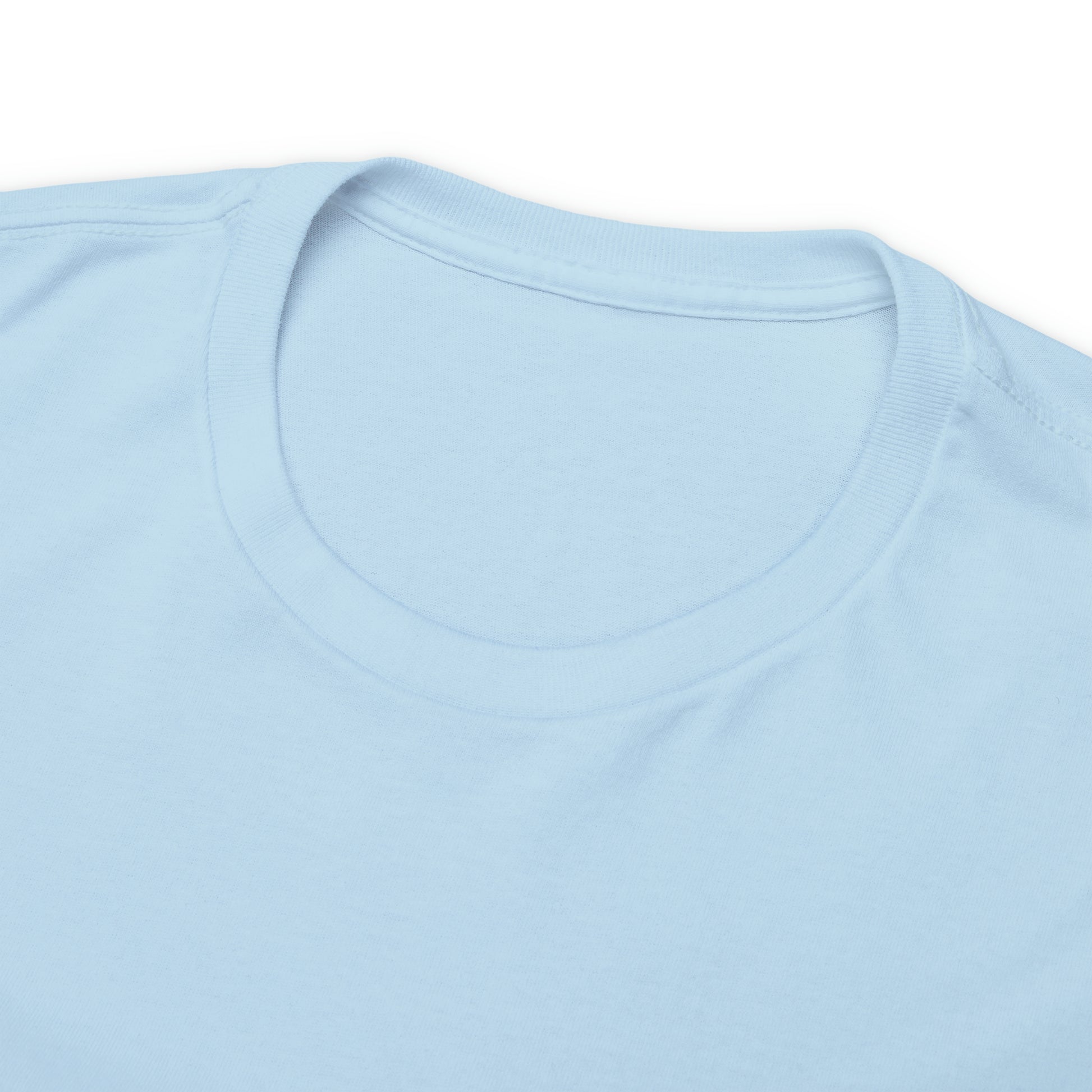 neck detail of a light blue T-shirt