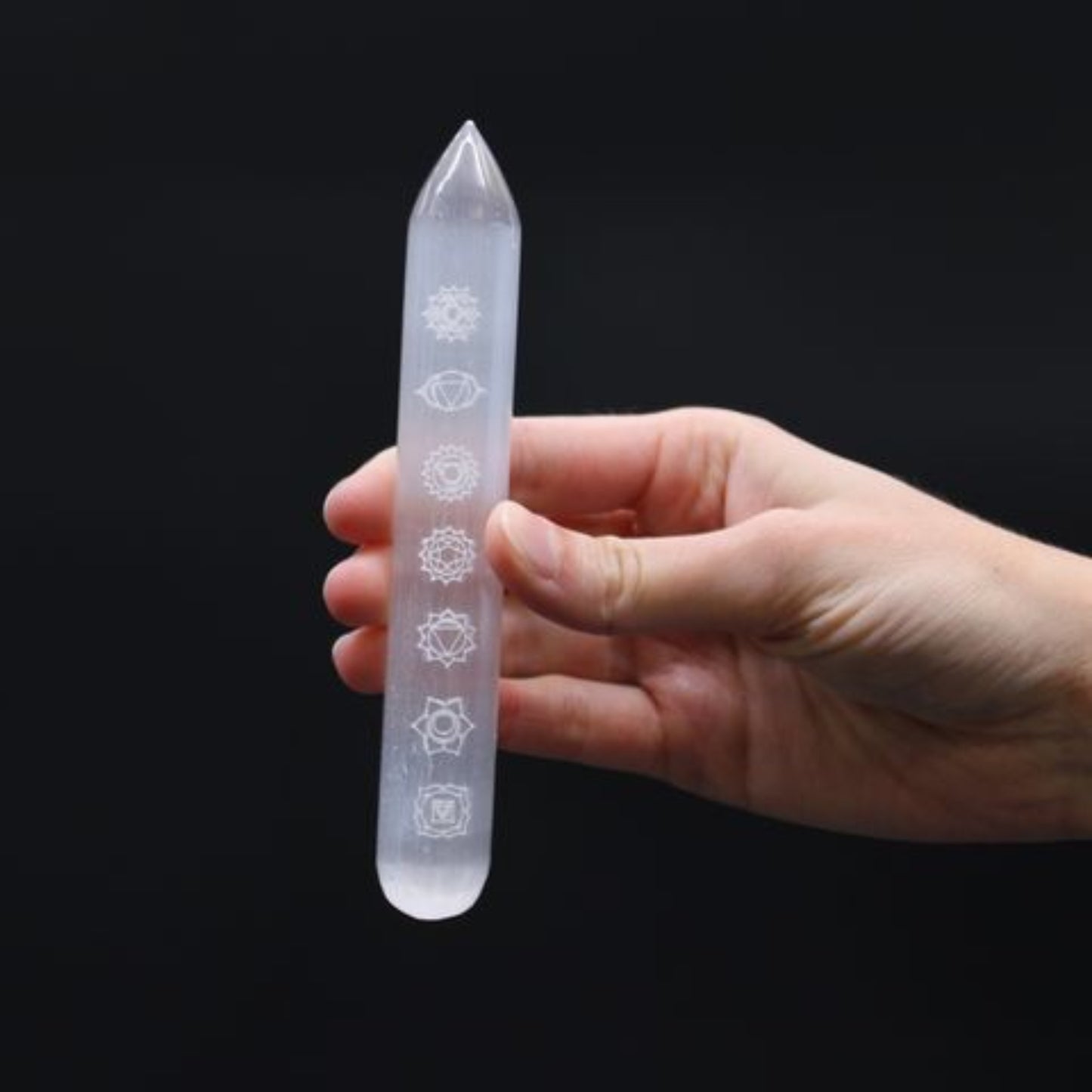 selenite pointy wand with seven chakra engraving