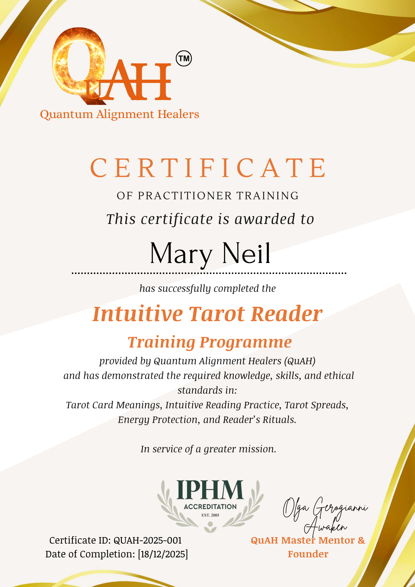 Tarot card reading diploma from QuAH Academy