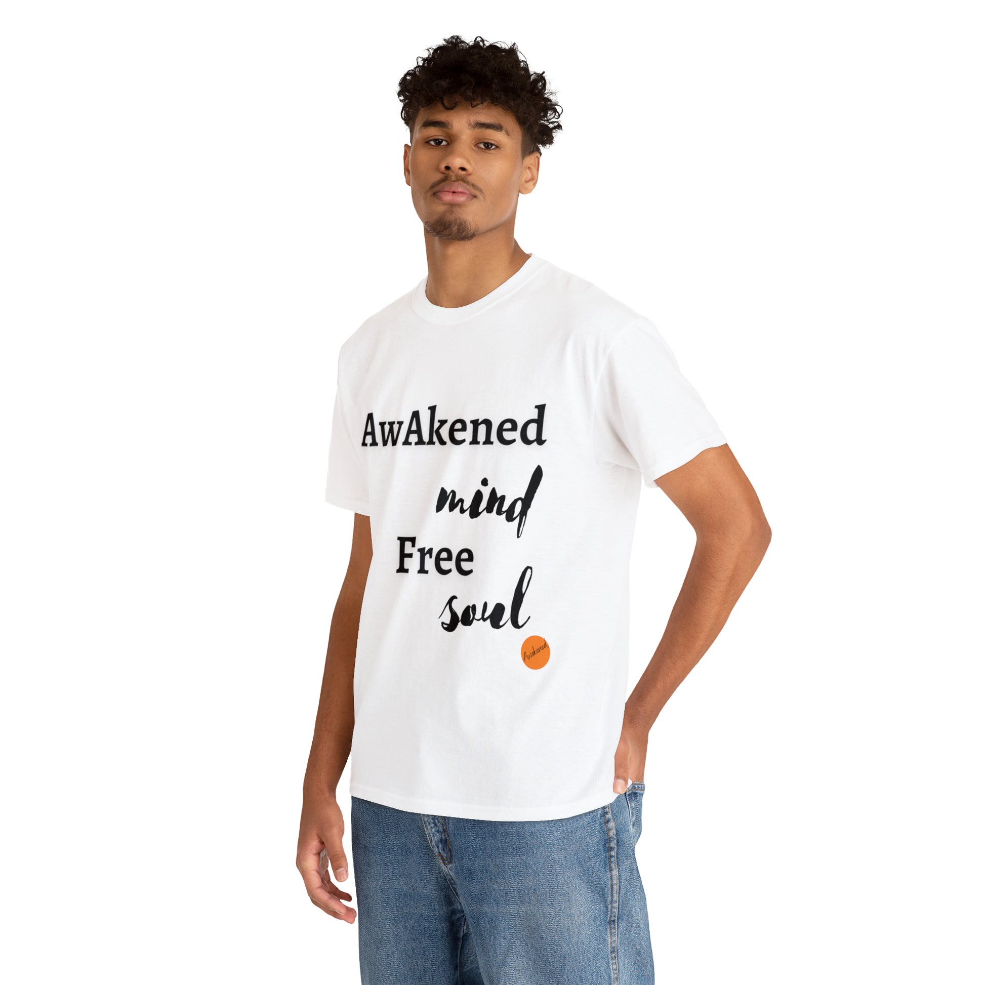 man in a white T-shirt with the print Awakened mind free soul