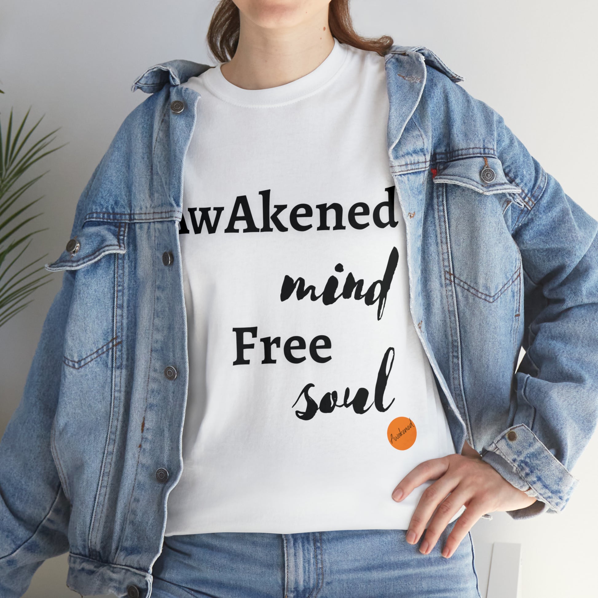 woman with a white T-shirt with a smart print on