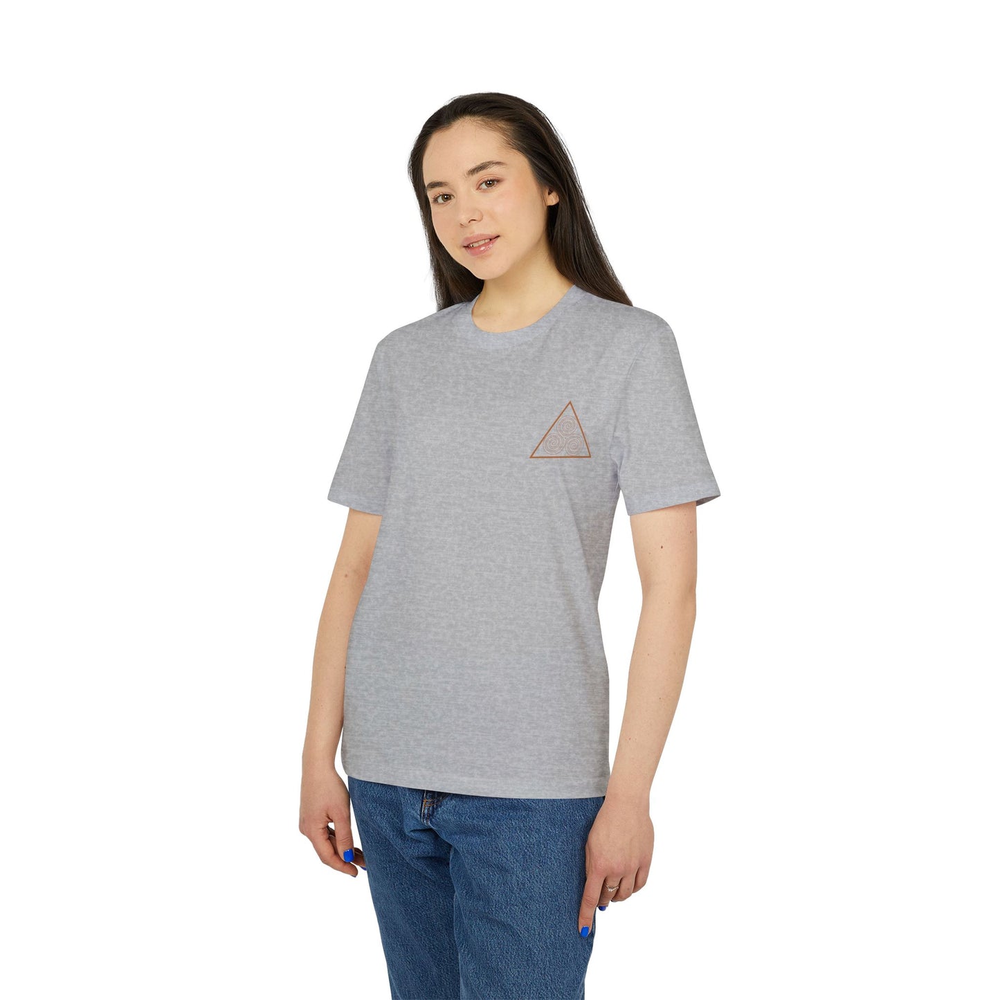 woman in a grey t-shirt with triskelion