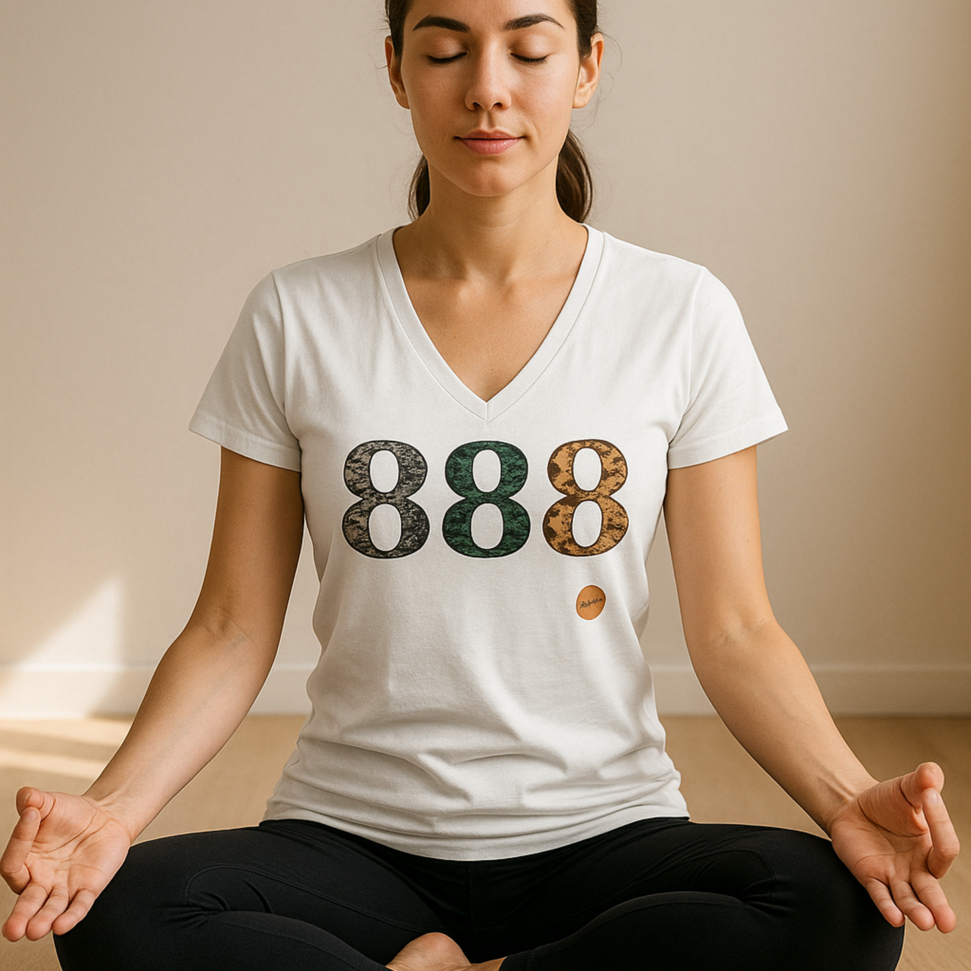 Woman doing Yoga wearing a T-shirt with the angel number 888