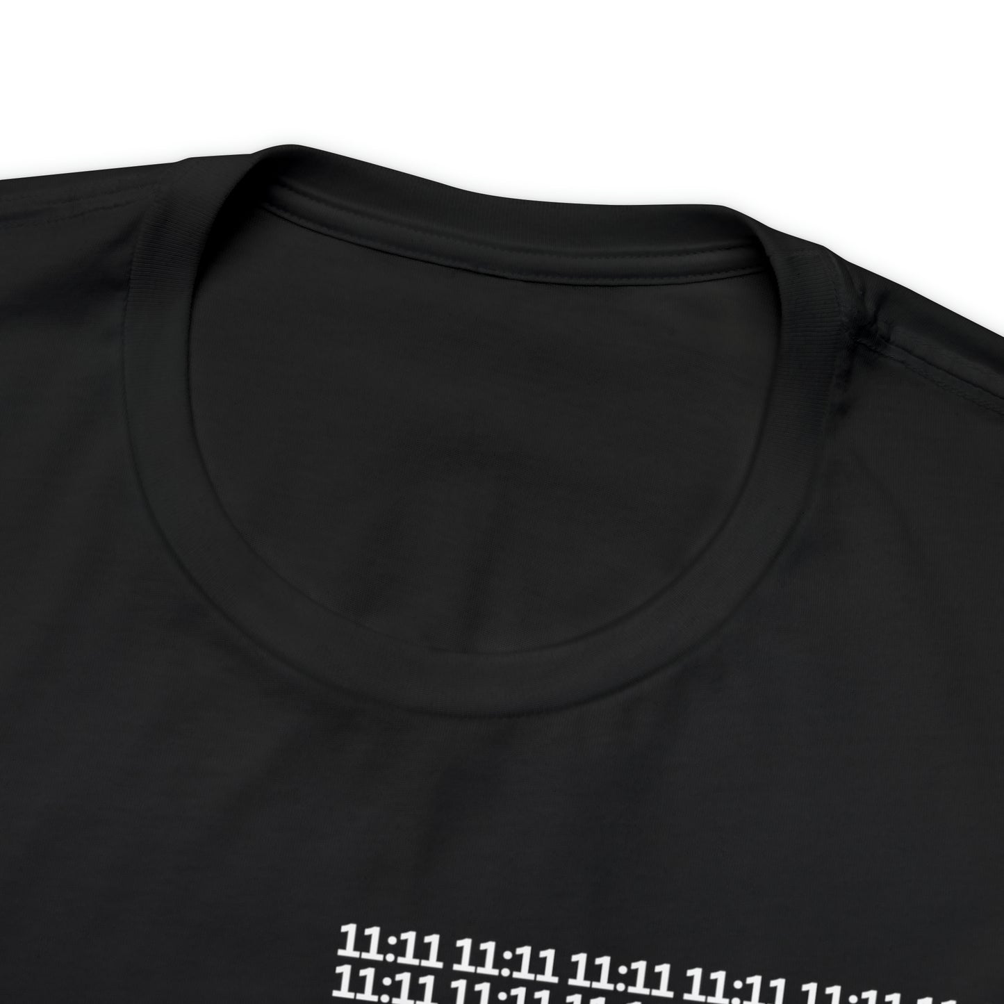 1111 black T-shirt. Neck detail