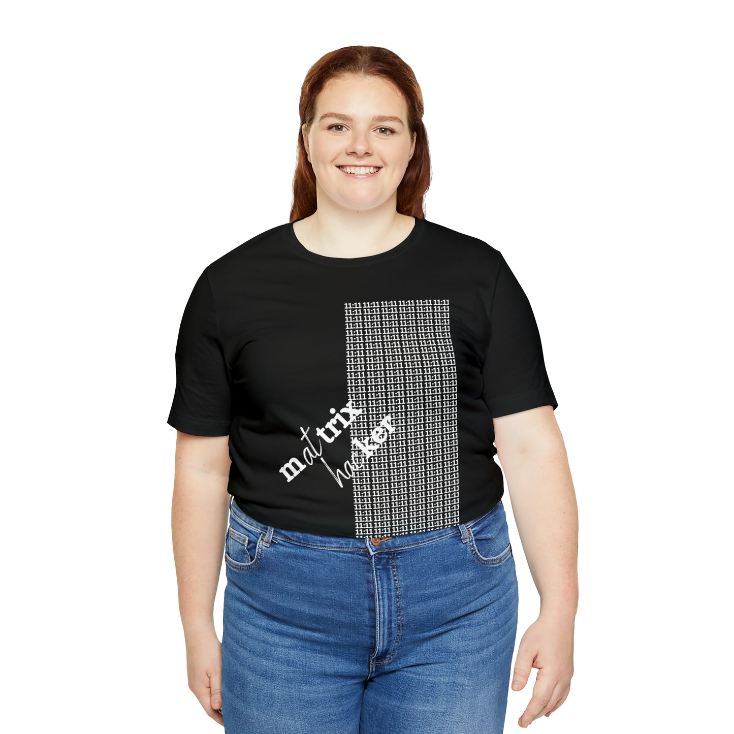 Plus size woman in a black T-shirt with the print 1111 angel number, and Matrix hacker