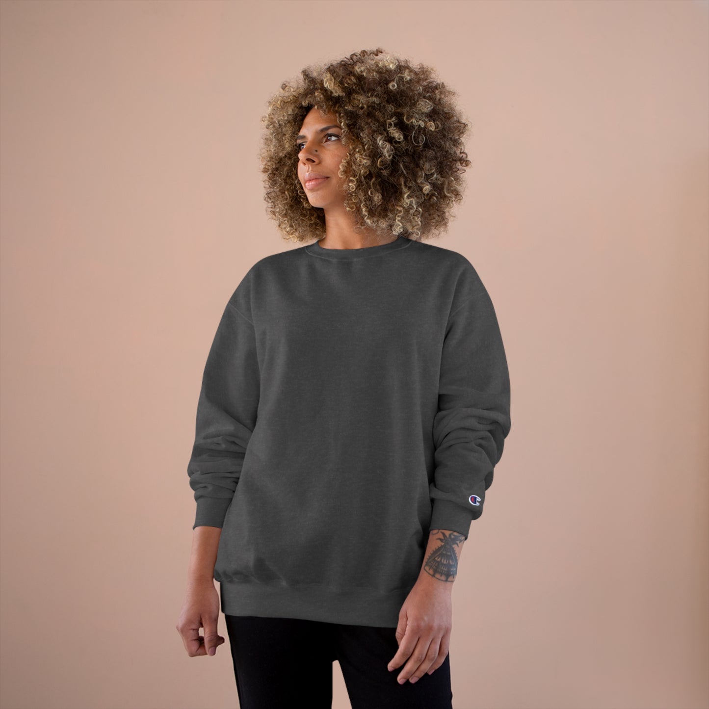 woman with a grey sweatshirt