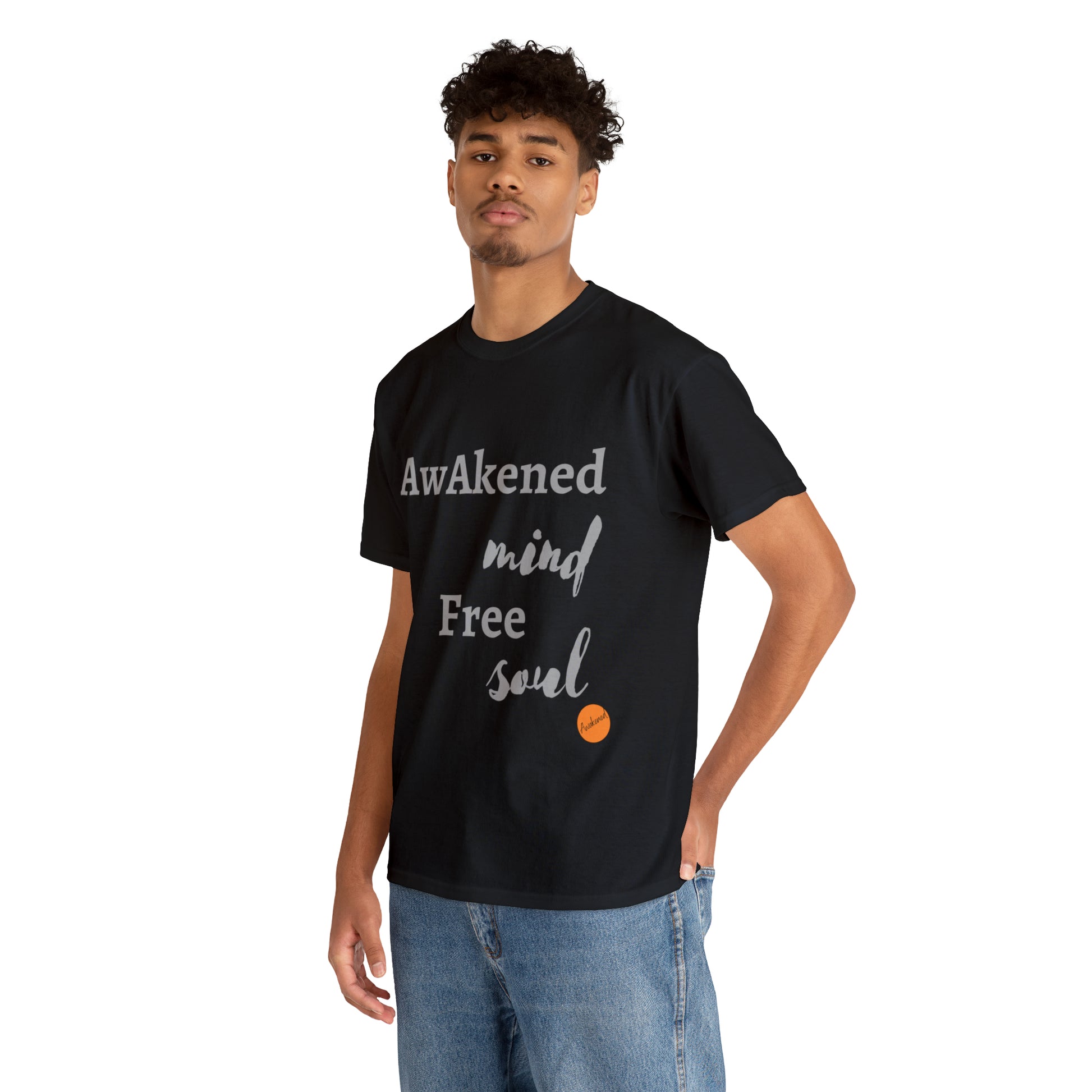 Man wearing a black T-shirt Awakened mind free soul