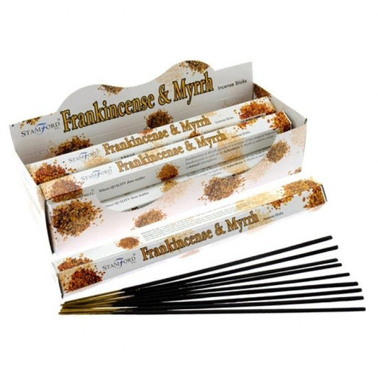 Box of Stamford Frankincense & Myrrh incense sticks on a white background