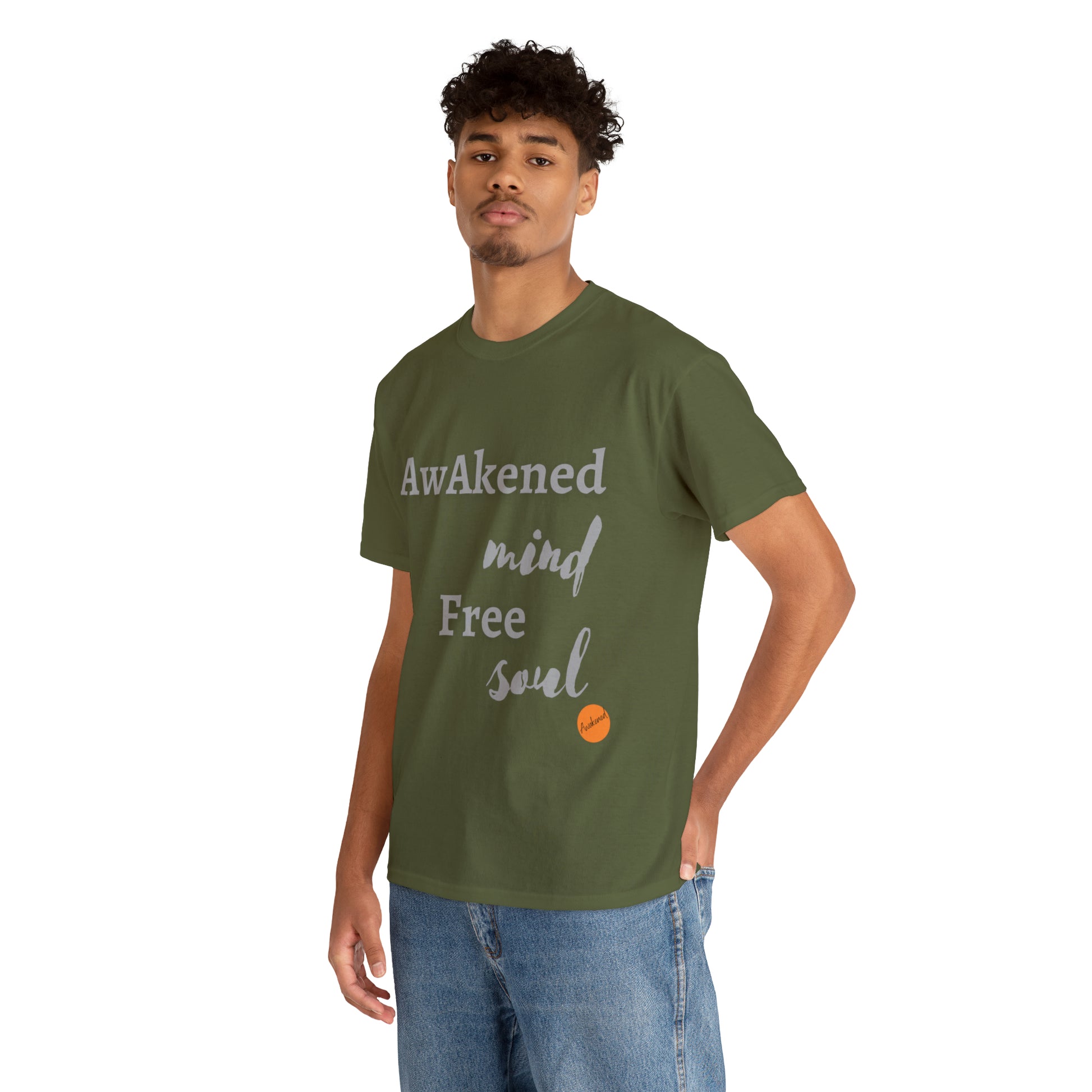 Man in green T-shirt with print Free soul