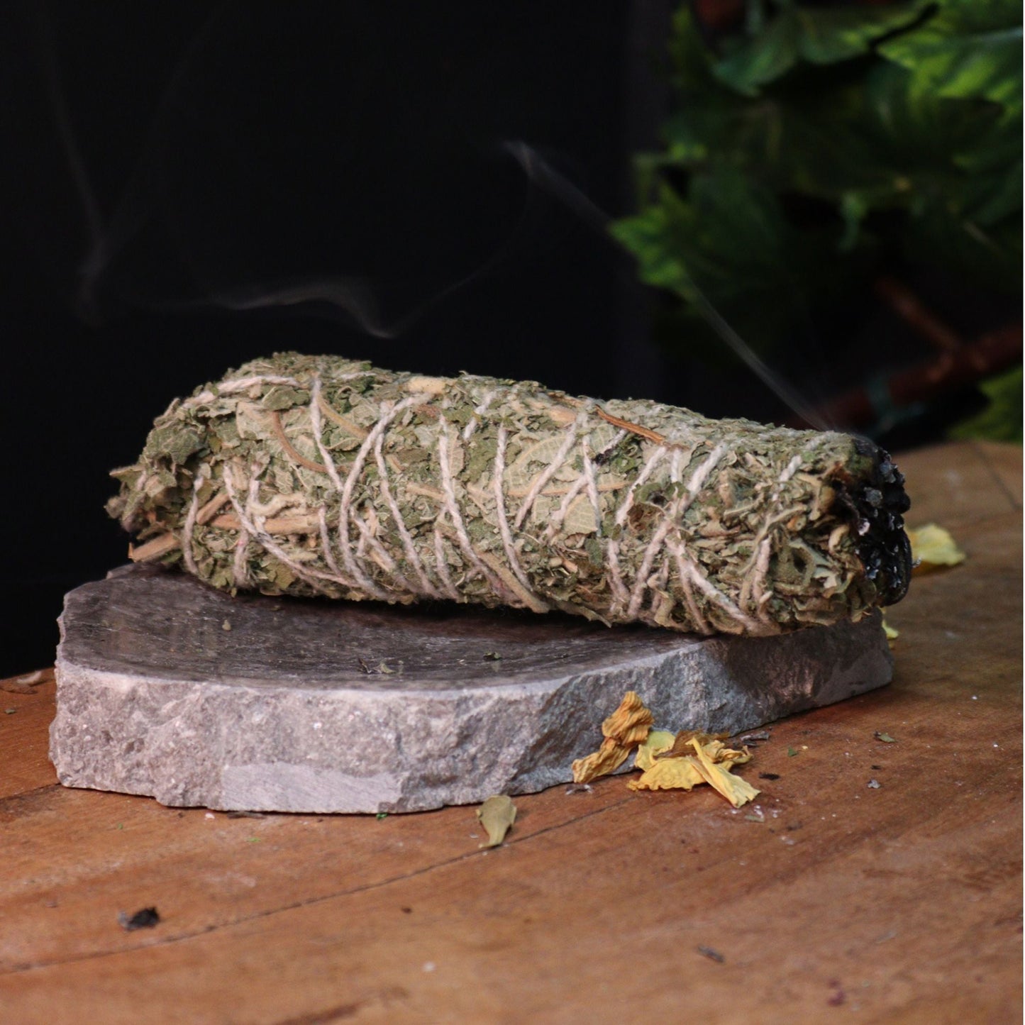 Sage bundle on a stone platform with a dark background