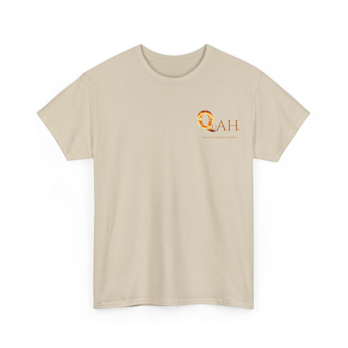 A light beige crewneck t-shirt with a small orange and gold 'QuAH' logo on the left chest, displayed on a clean white background.