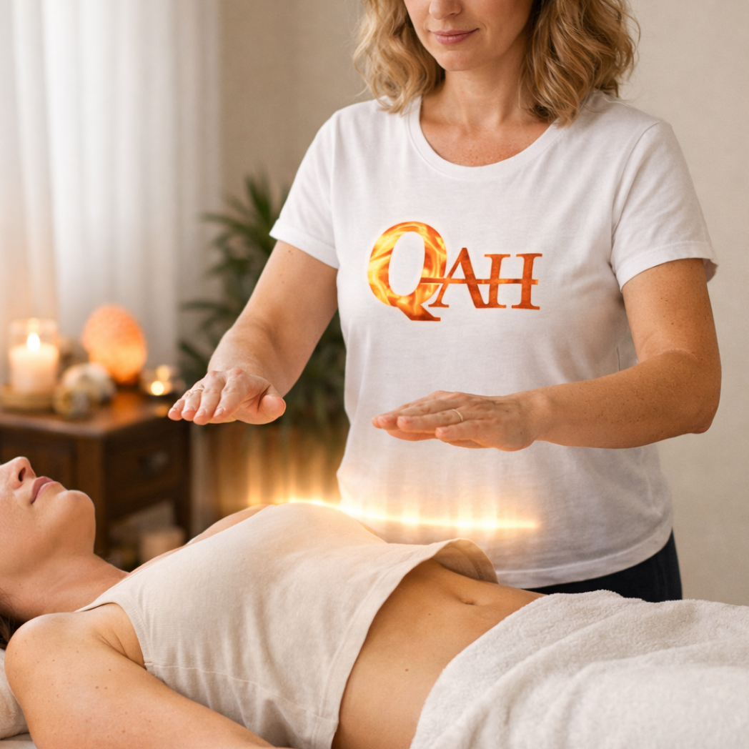 Woman performing quantum healing on another person in a serene setting with 'QuAH' branding.