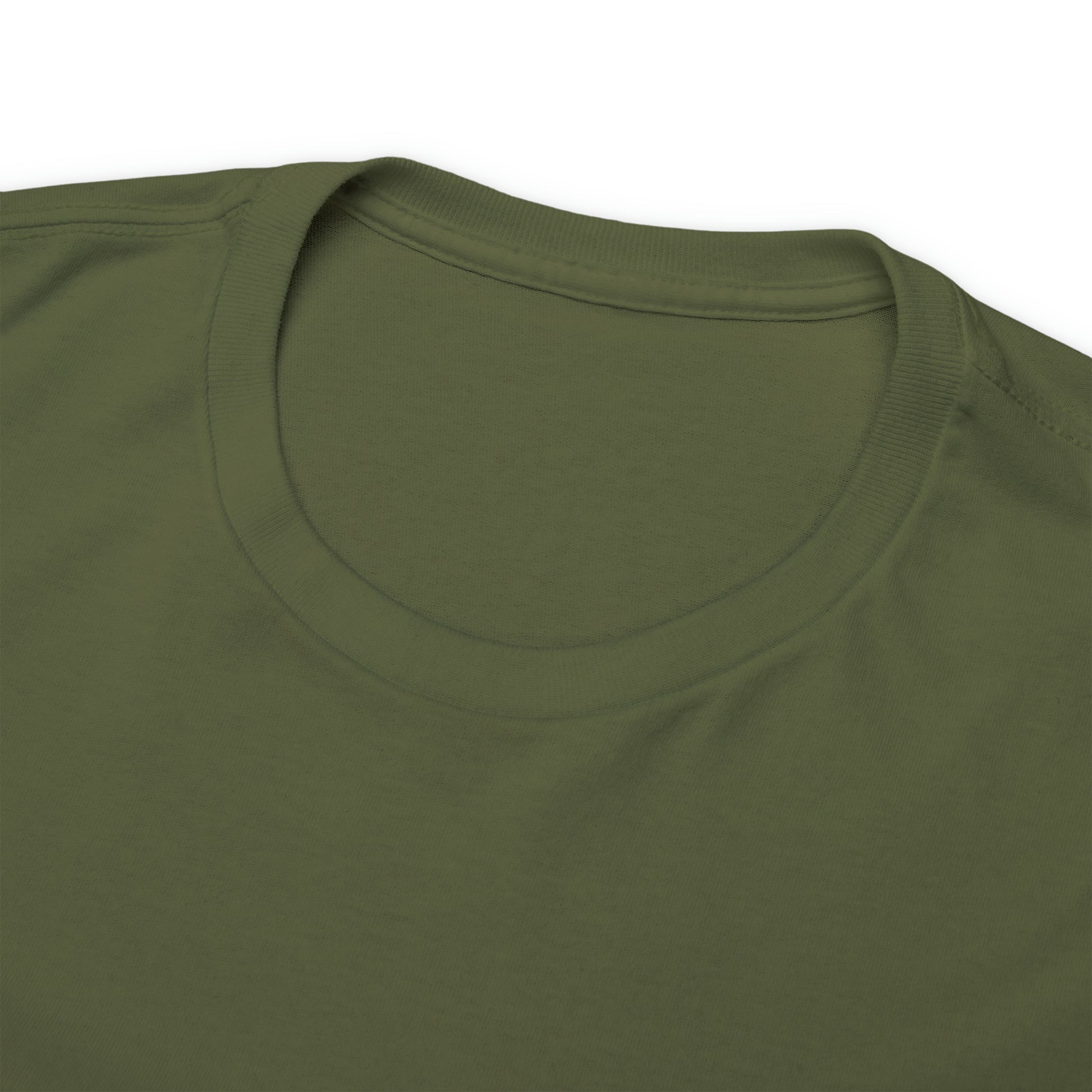 Awaken T-shirt, in military green color. Detail from the neck