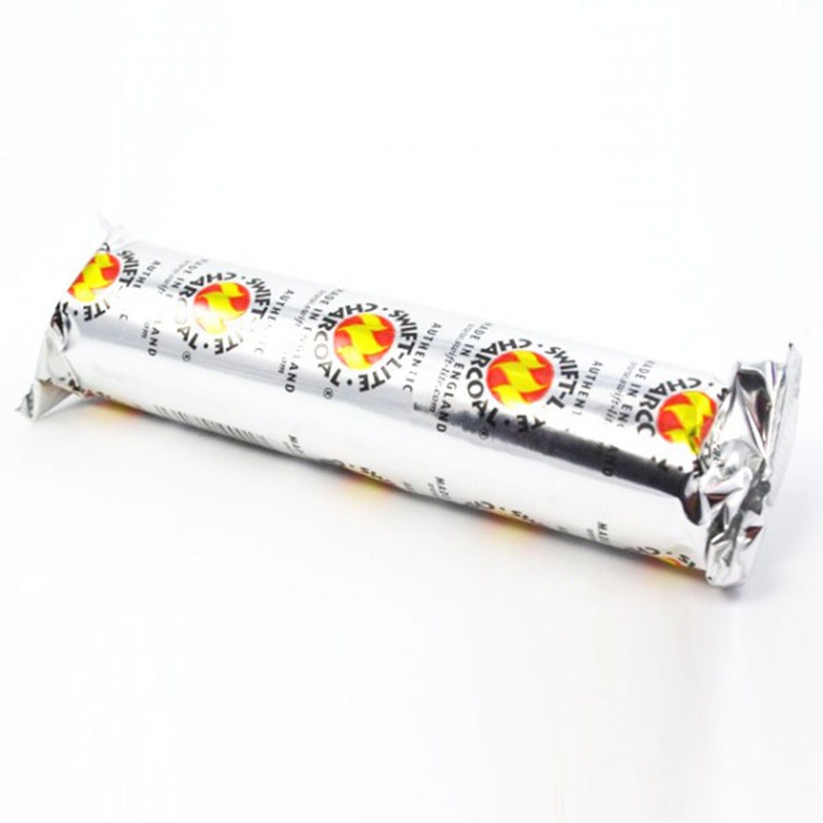 charcoal discs in a white wrapper featuring red and yellow graphics on a white background