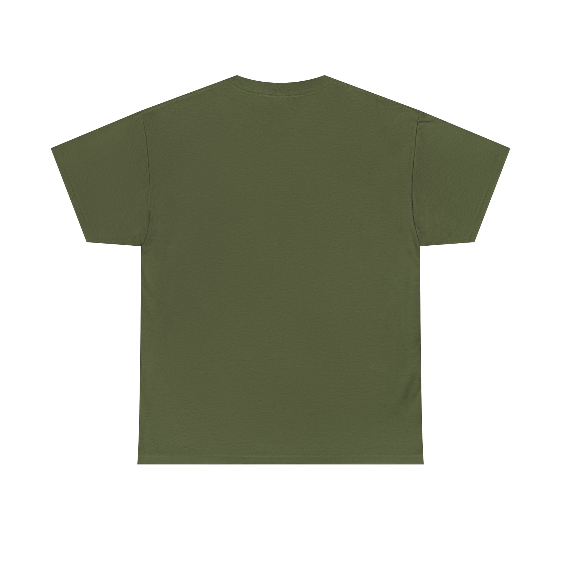 Back side of khaki T-shirt with no print. It has awakened mind in the front