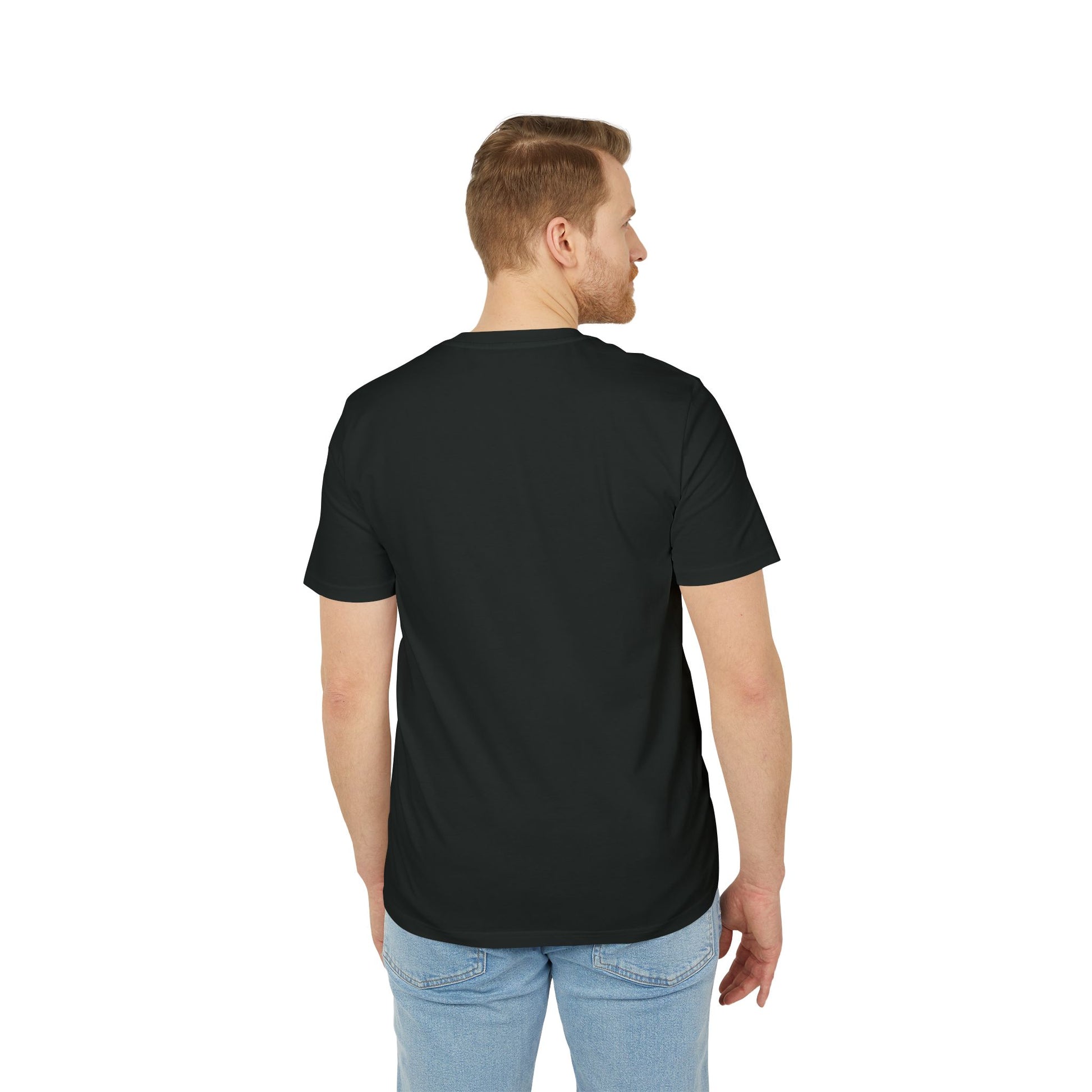 back side of a man wearing a black t-shirt