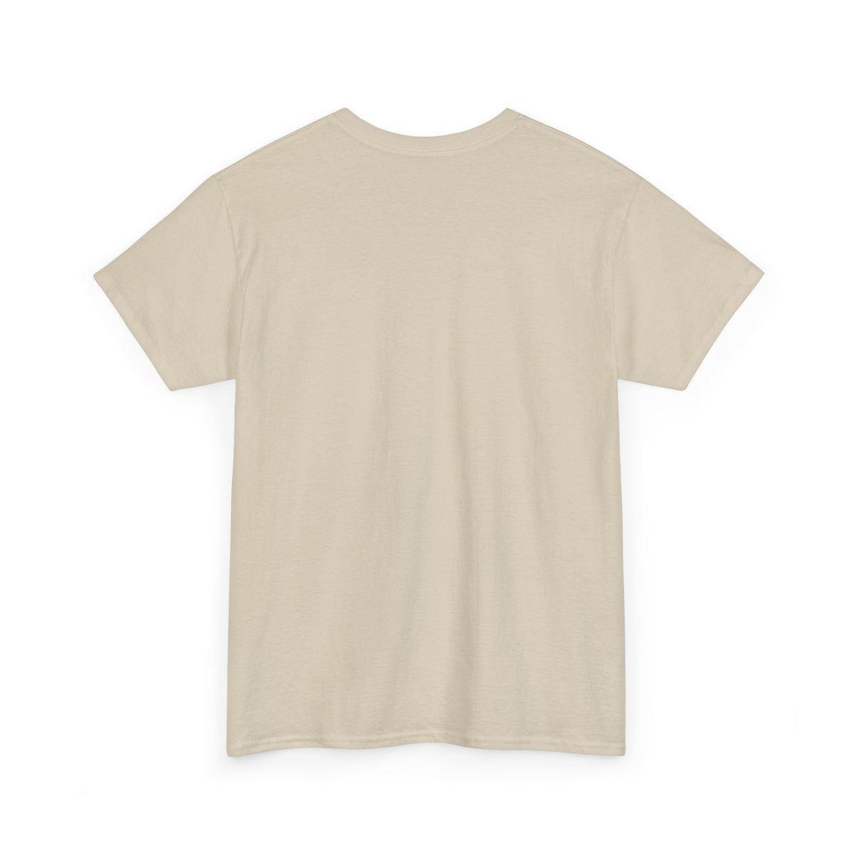 A plain beige short-sleeve crewneck t-shirt shown from the back, isolated on a white background. At the front it has the official QuAH logo