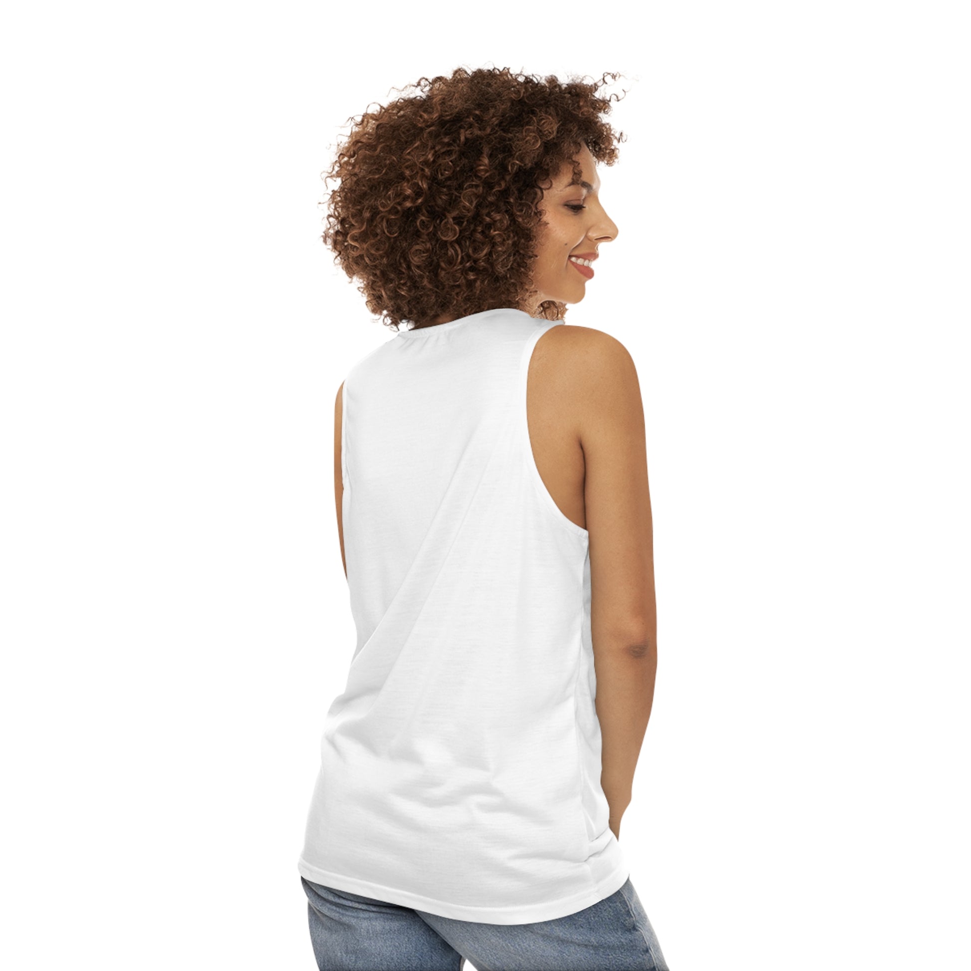 back side of a white tank top with solar plexus print