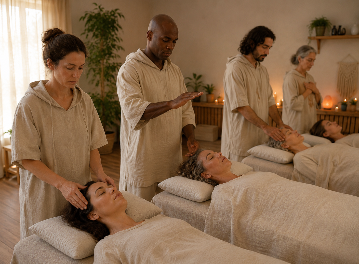 Group of QuAH practitioners in a relaxing setting with clients receiving energy healing.