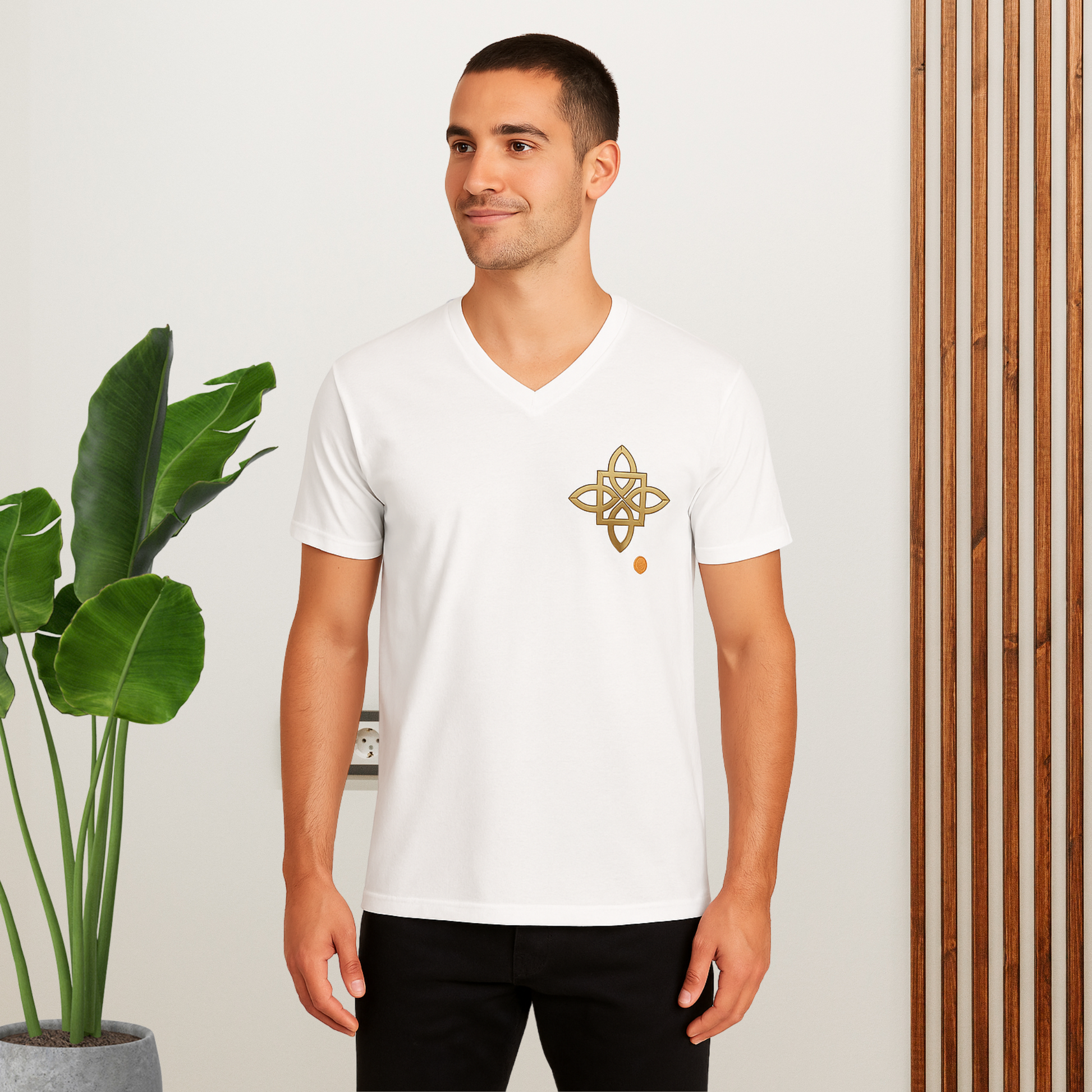 Celtic cross on white T-shirt, man