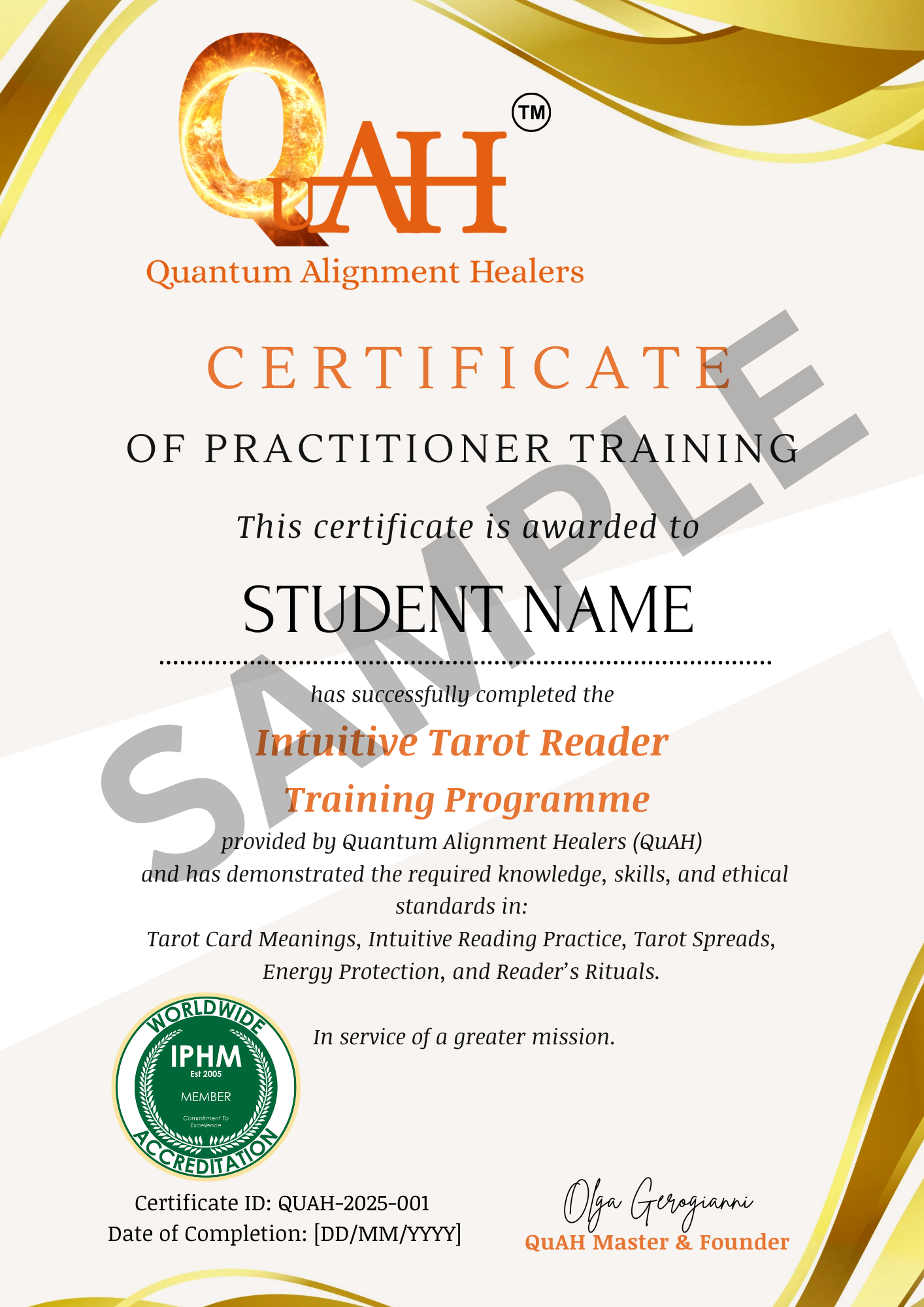 Certificate of Practitioner Training from Quantum Alignment Healers with branding and design elements.