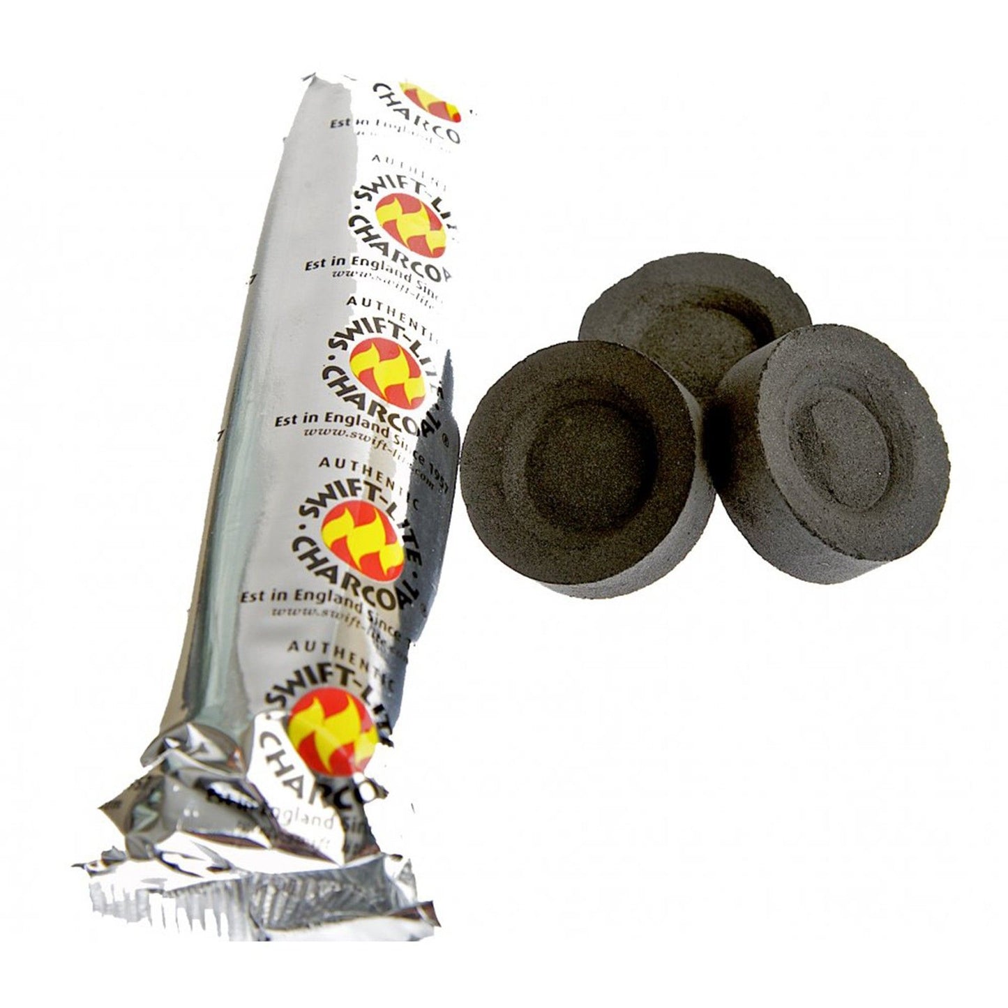 Swift Charcoal packaging with three charcoal tablets on a white background