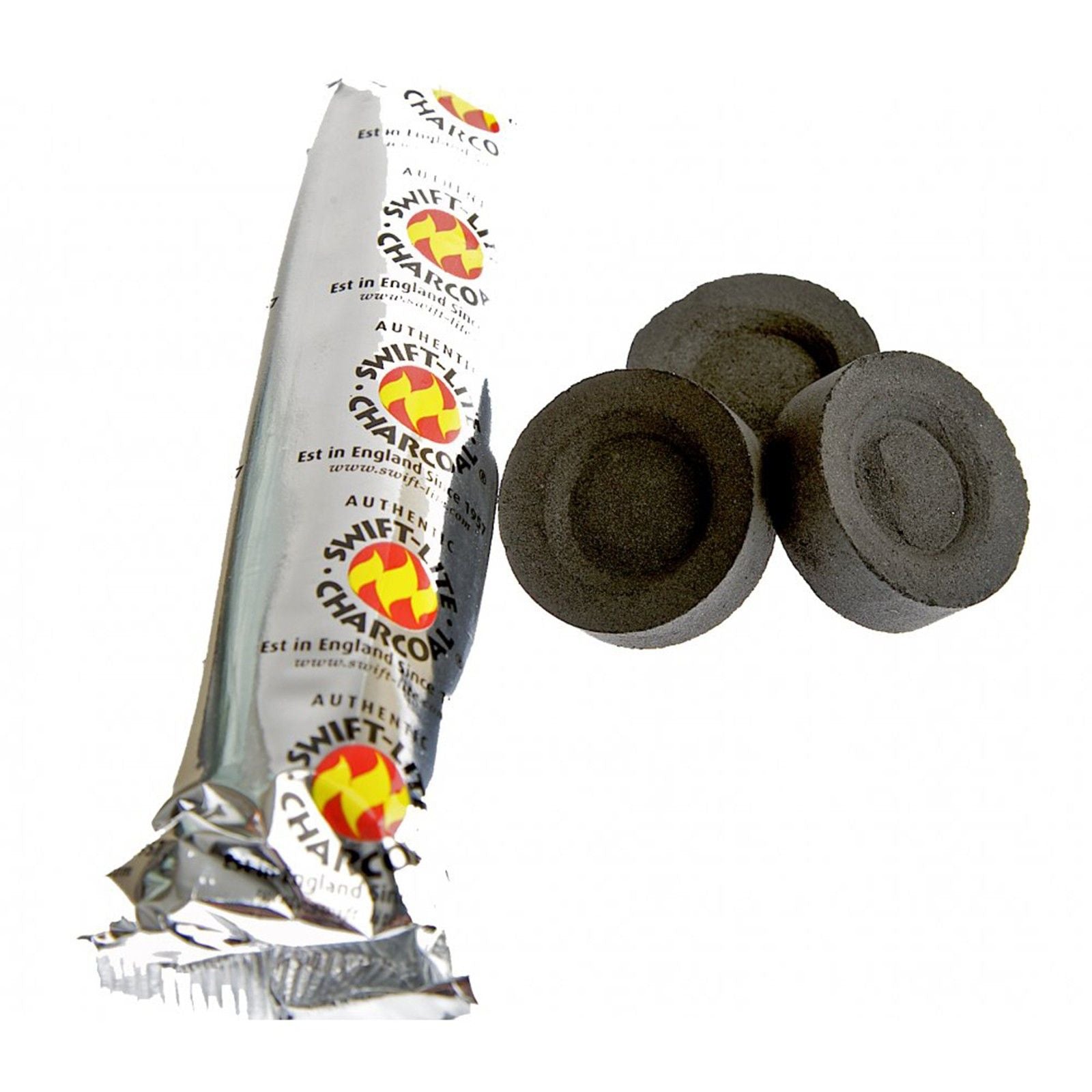 Swift Charcoal packaging with three charcoal tablets on a white background