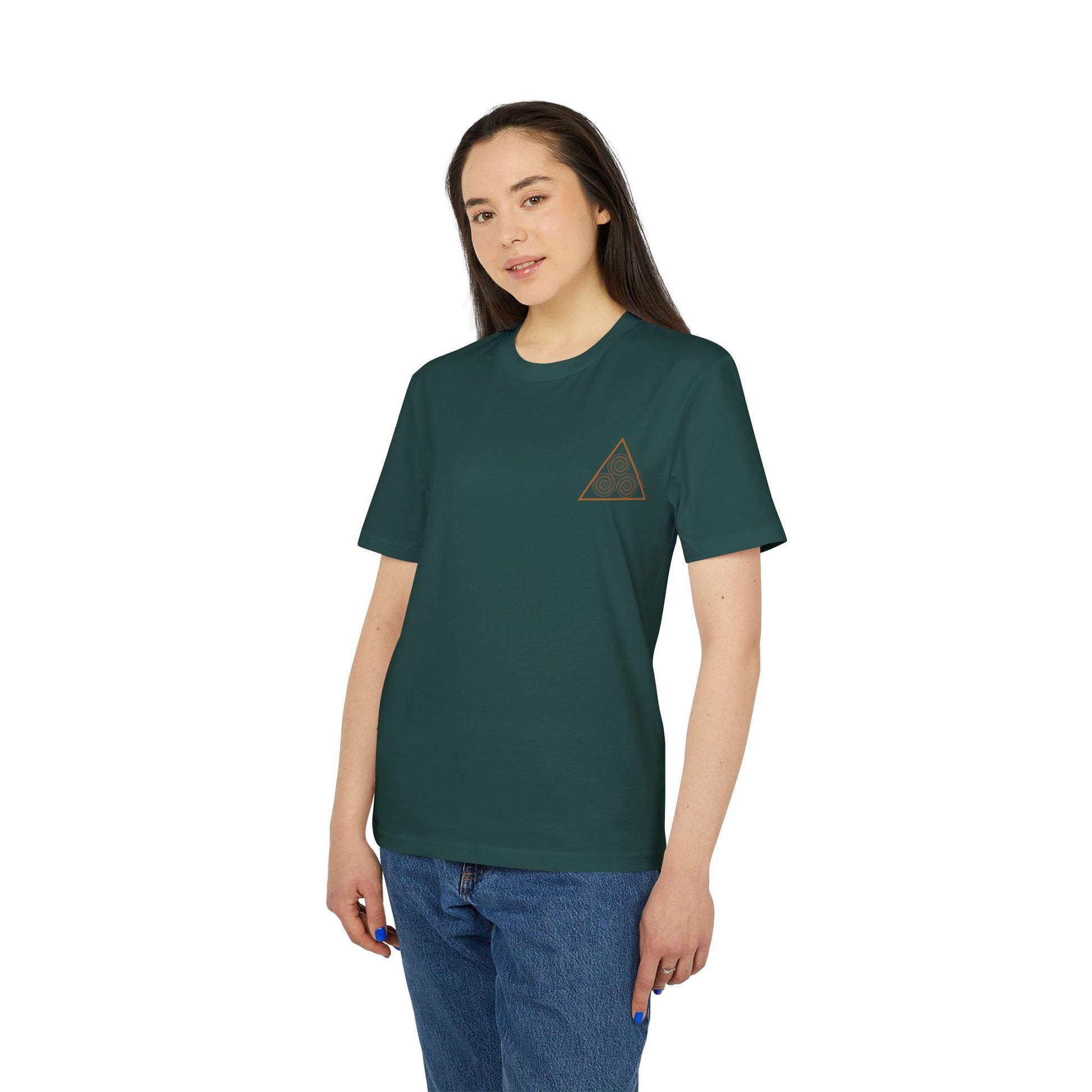 green t-shirt with triskelion symbol