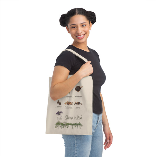 woman with a tote bag with print green witch