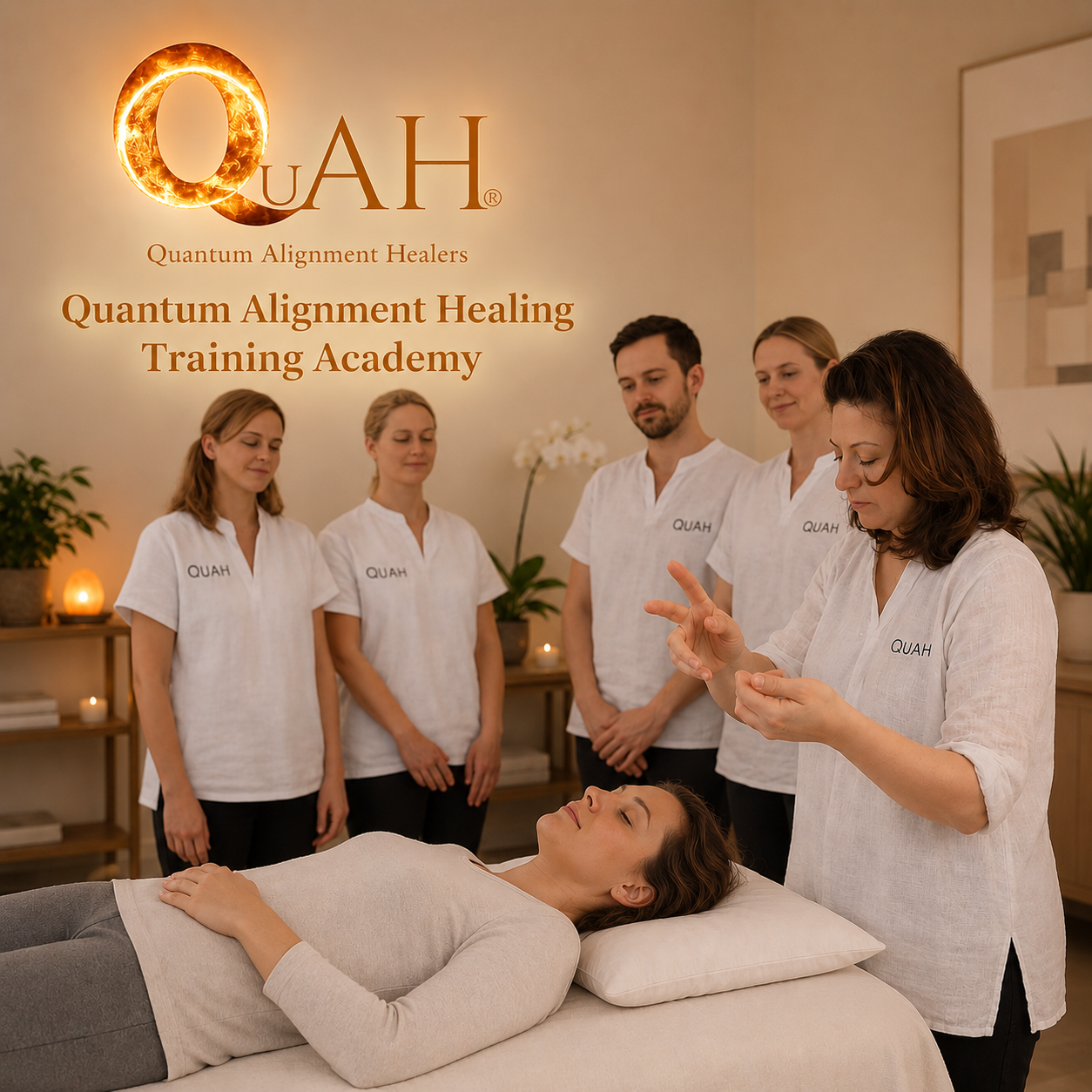 Group of healing practitioners in white shirts with 'QUAH' logo in a training academy setting.