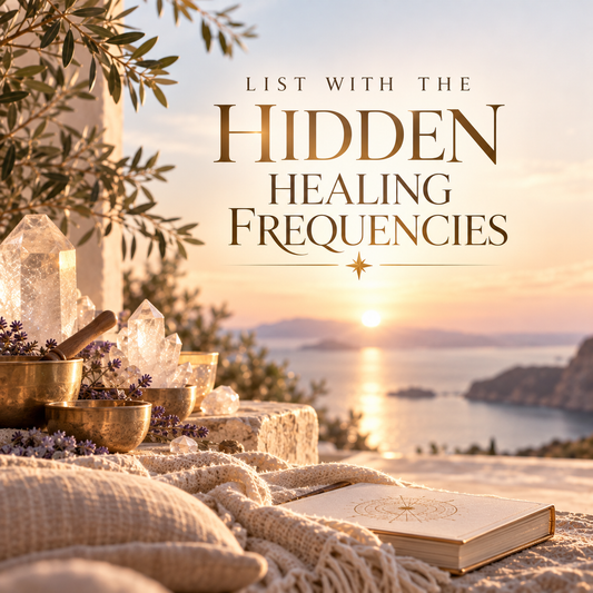 A serene sunset seascape with crystal clusters, brass bowls, lavender, a knitted blanket, and an open book in the foreground. Large overlaid text reads, 'LIST WITH THE HIDDEN HEALING FREQUENCIES.