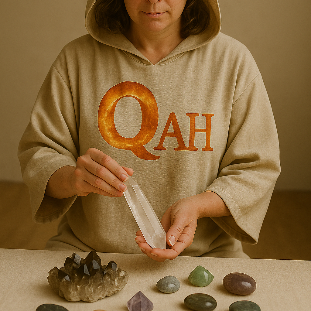 Person wearing a beige hoodie with 'QuAH' holding a crystal over various stones on a table. Crystal grid course