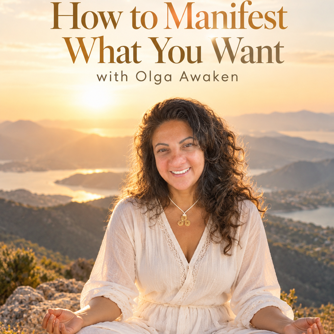 Live workshop 'How to Manifest What You Want with Olga Awaken' featuring a smiling woman in a white robe meditating outdoors at sunset over a scenic mountain and lake landscape.