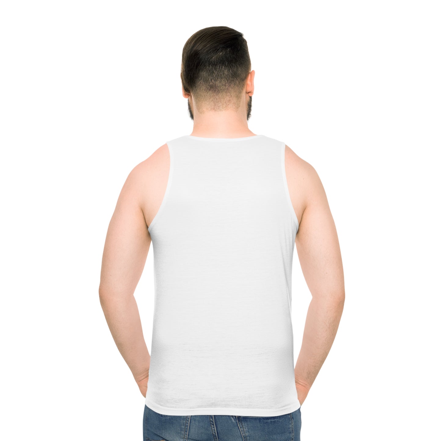 man wearing a white tank top with heart chakra print 