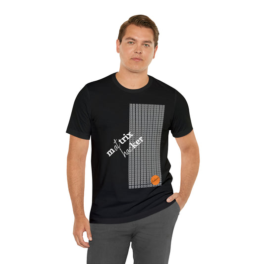 Matrix hacker T-shirt. Man in a black T-shirt with the print 1111 and matrix hacker