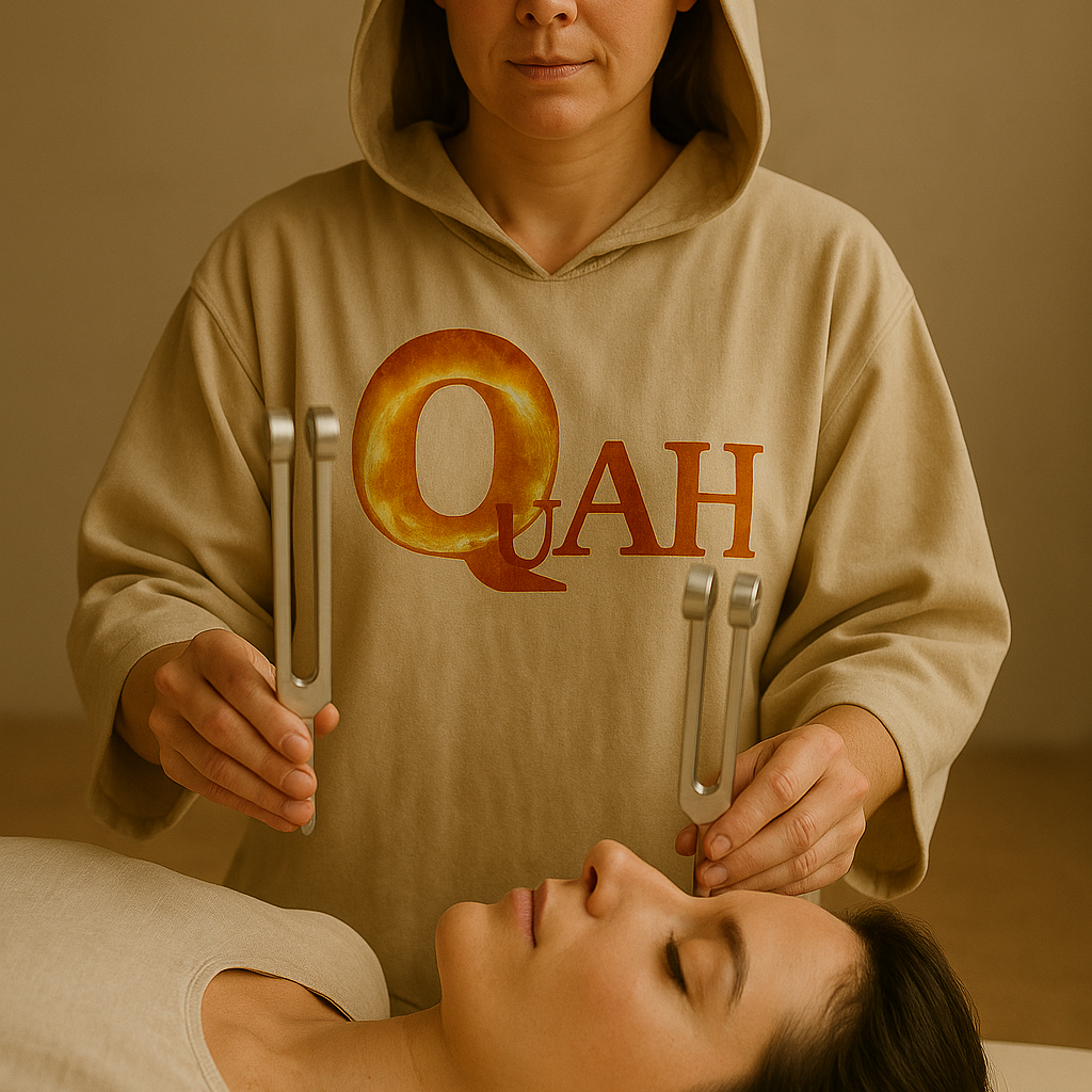 Person in a beige hoodie with 'QuAH' logo performing a healing technique on another person.